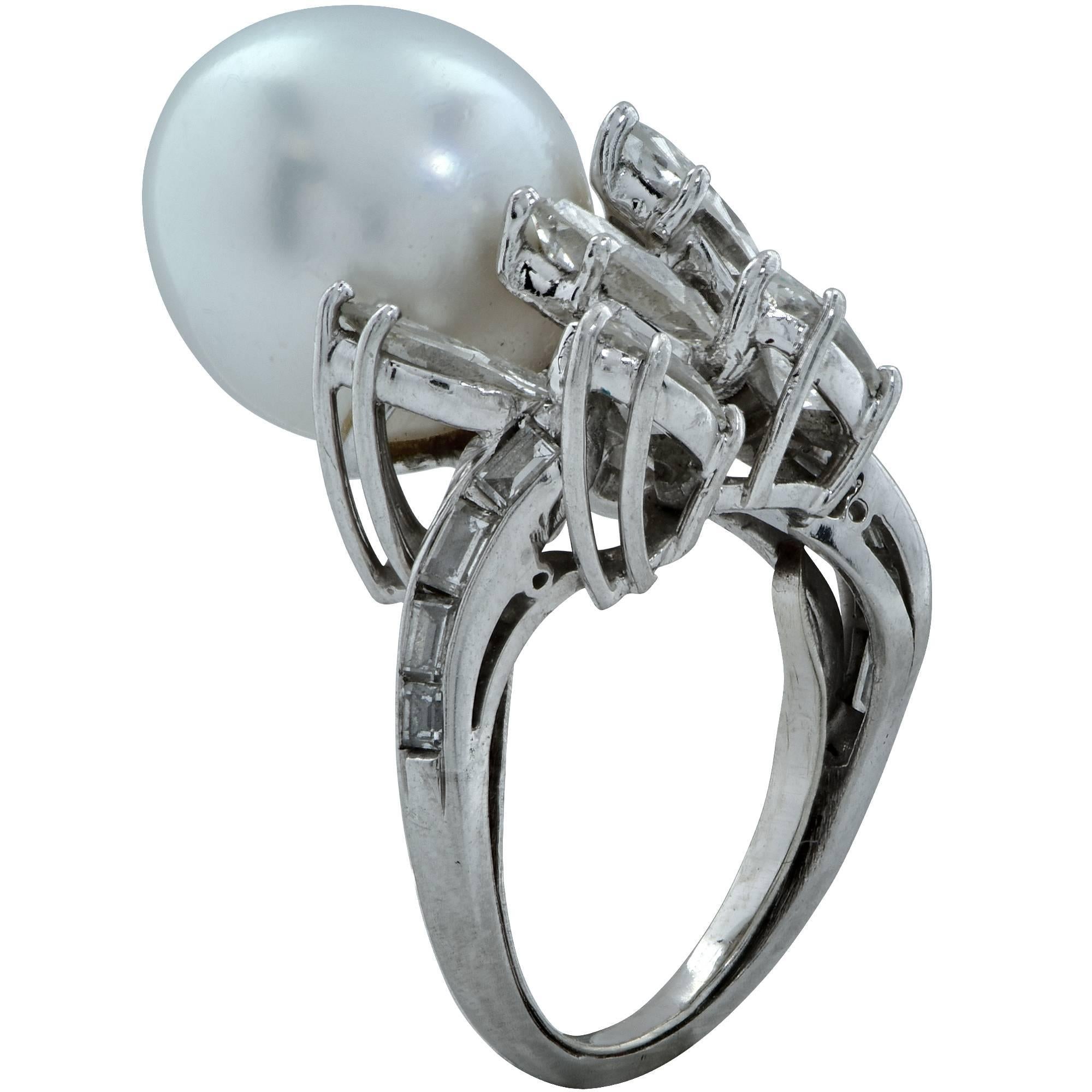 Marquise Cut Pearl and Diamond Ring