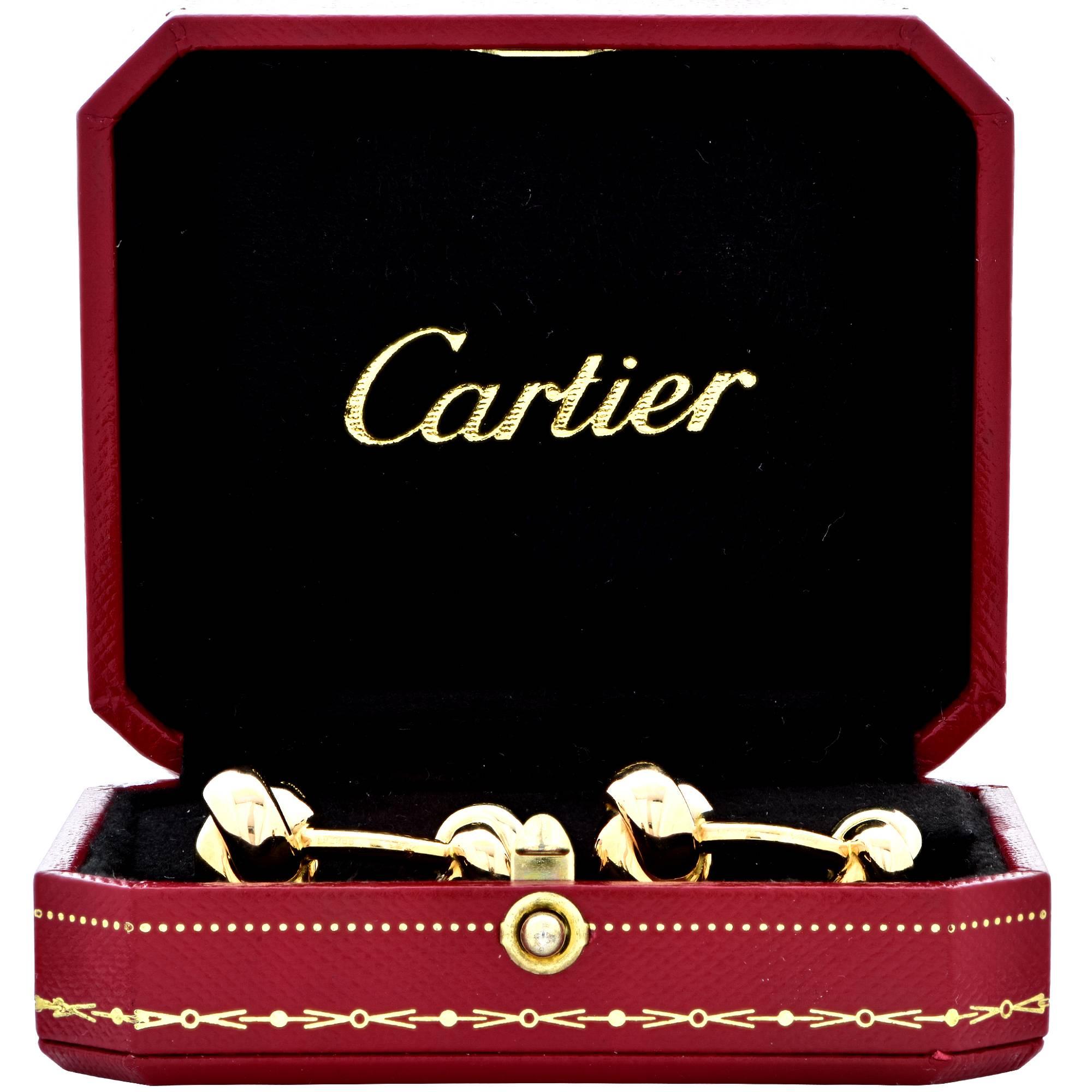 Cartier 18k yellow, white and rose gold Trinity Knot cufflinks. Cartier hallmarked and serial number on the shank is purposely covered. Cartier box is not included.

Measurements are available upon request.
It is stamped and/or tested as 18k