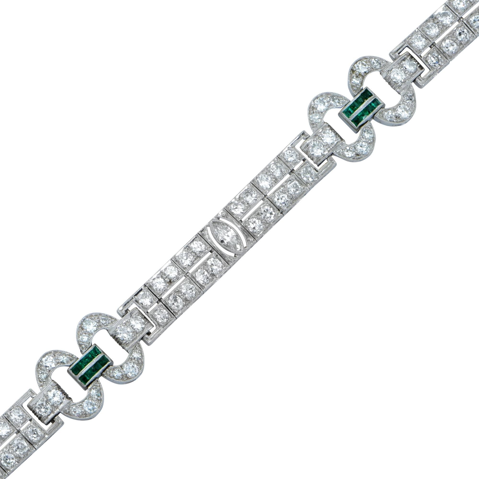 Round Cut 5.20 Carat Art Deco Diamond and Emerald Bracelet