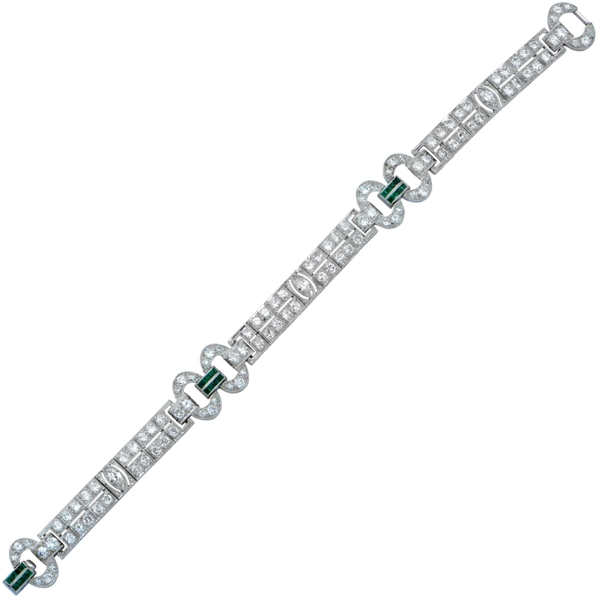 5.20 Carat Art Deco Diamond and Emerald Bracelet