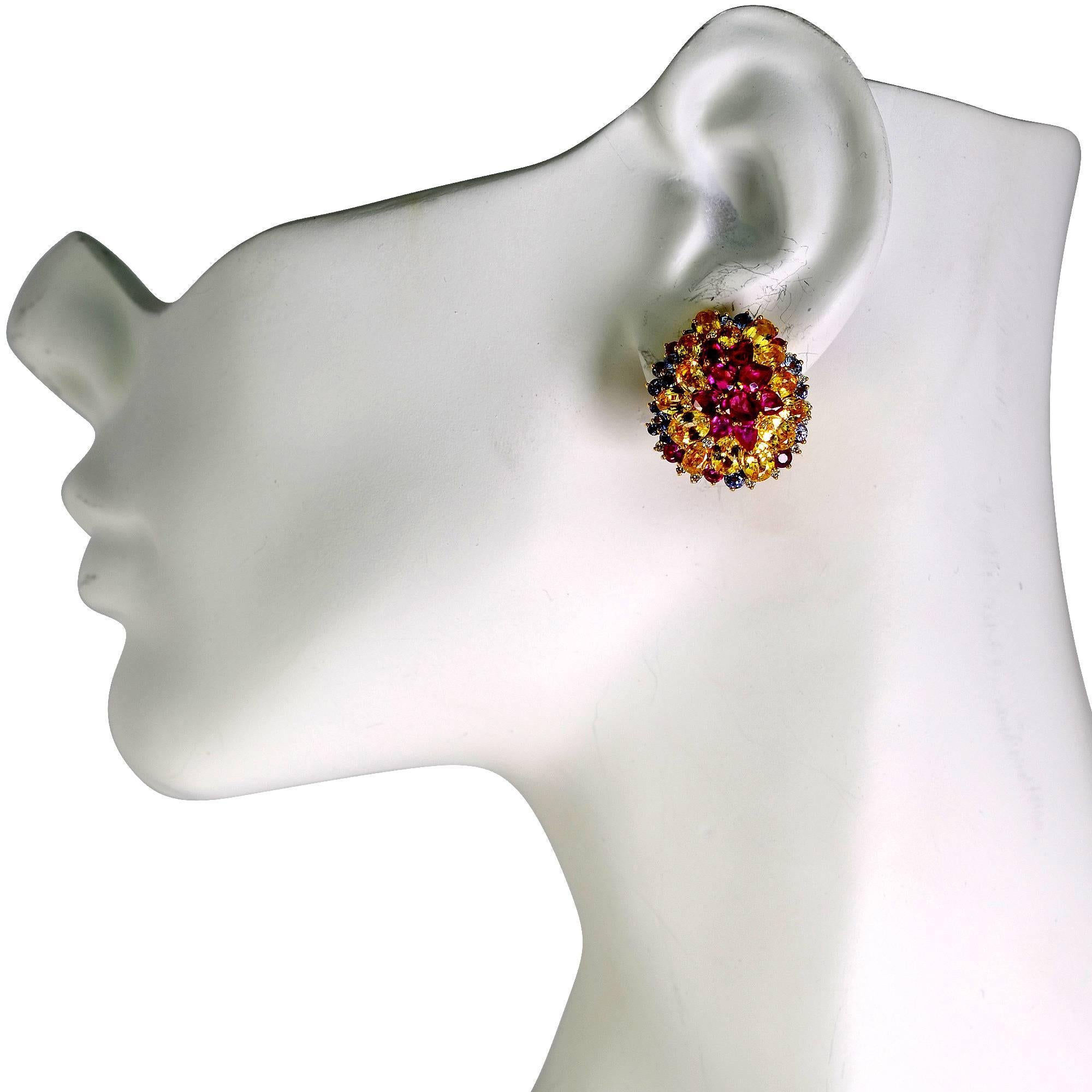 18 Karat Yellow Gold Sapphire Ruby and Diamond Earrings In Excellent Condition In Miami, FL