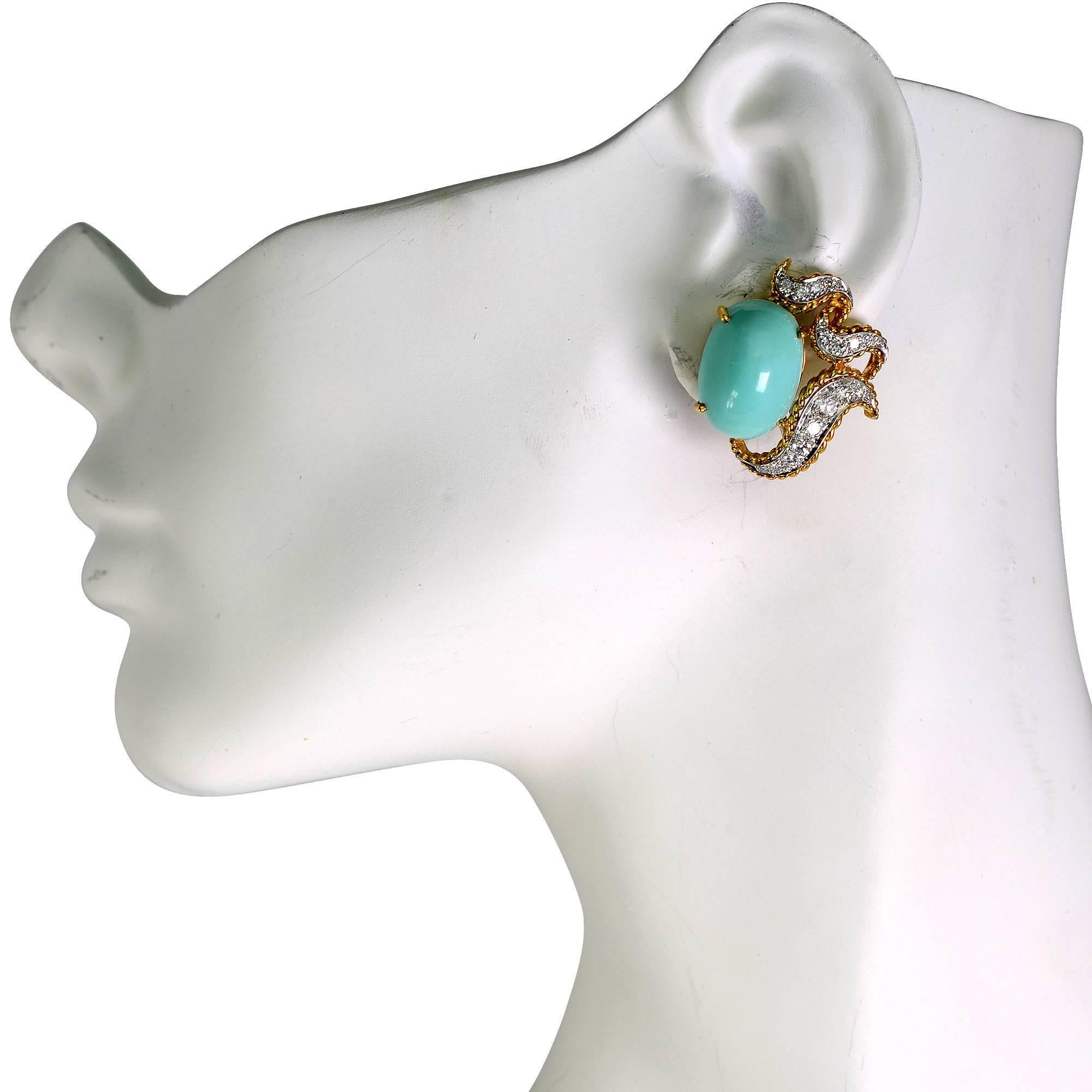 Oval Cut 18 Karat Yellow Gold Turquoise and Diamond Earrings