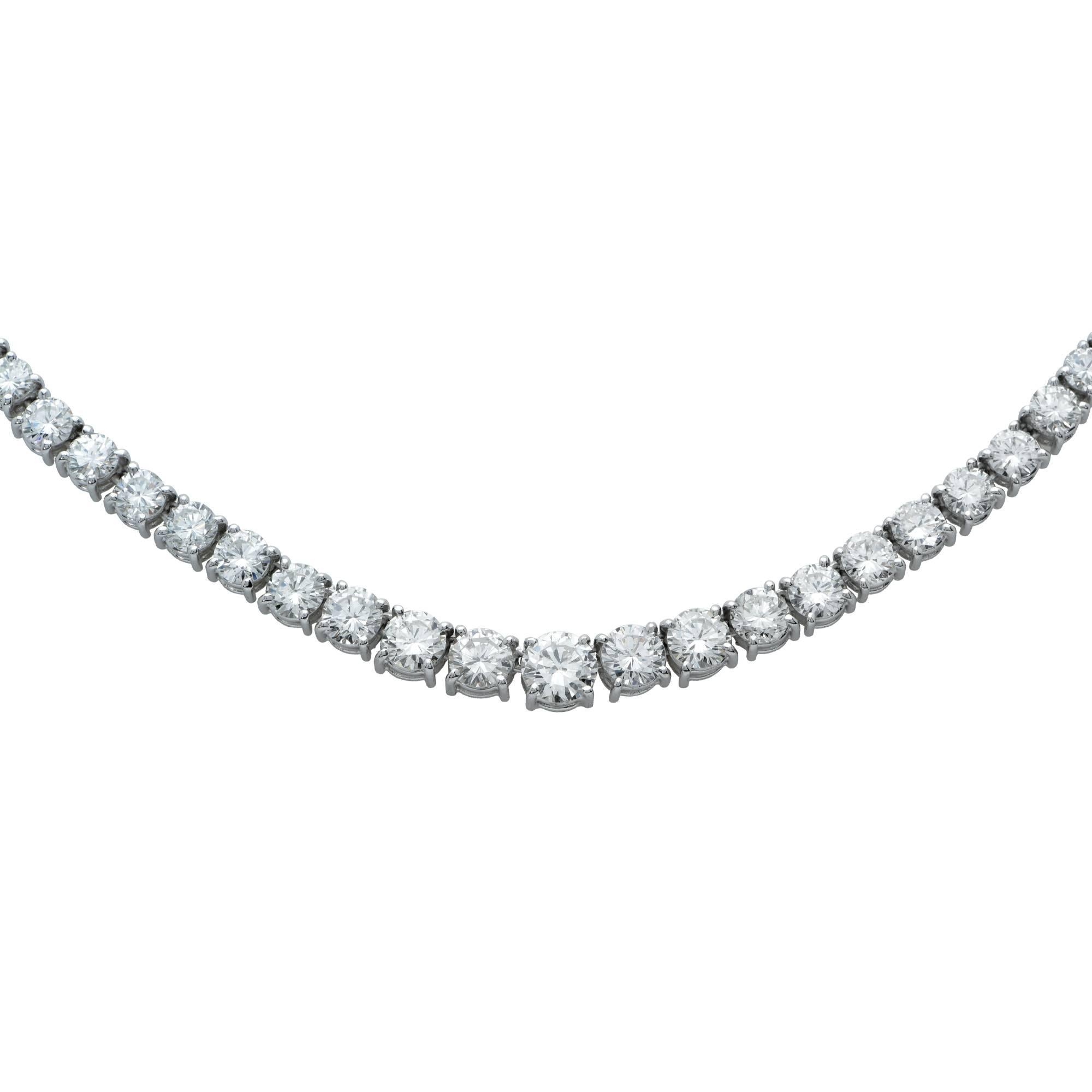 Platinum diamond necklace containing 106  round brilliant cut diamonds weighing approximately 15.50cts F-G color VS clarity. This graduated diamond necklace is a stunning addition to any jewelry collection.

The necklace measures 16 inches.
It is