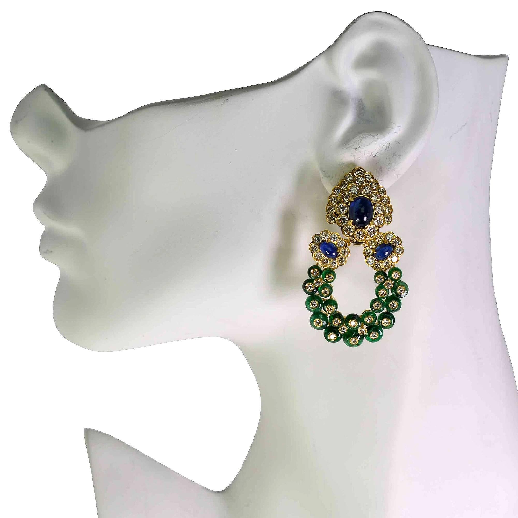 Round Cut Giovane Emerald, Sapphire and Diamond Gold Day Night Ear Clips Earrings