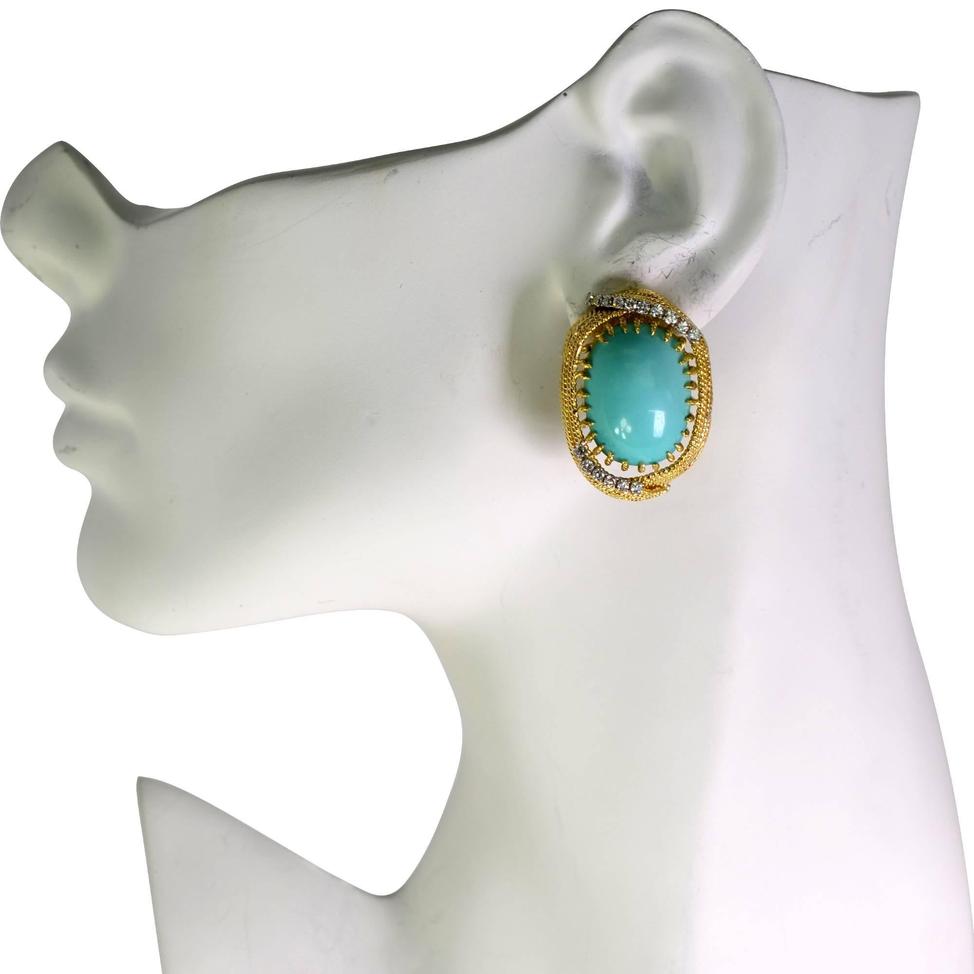 Round Cut Turquoise and Diamond Earrings