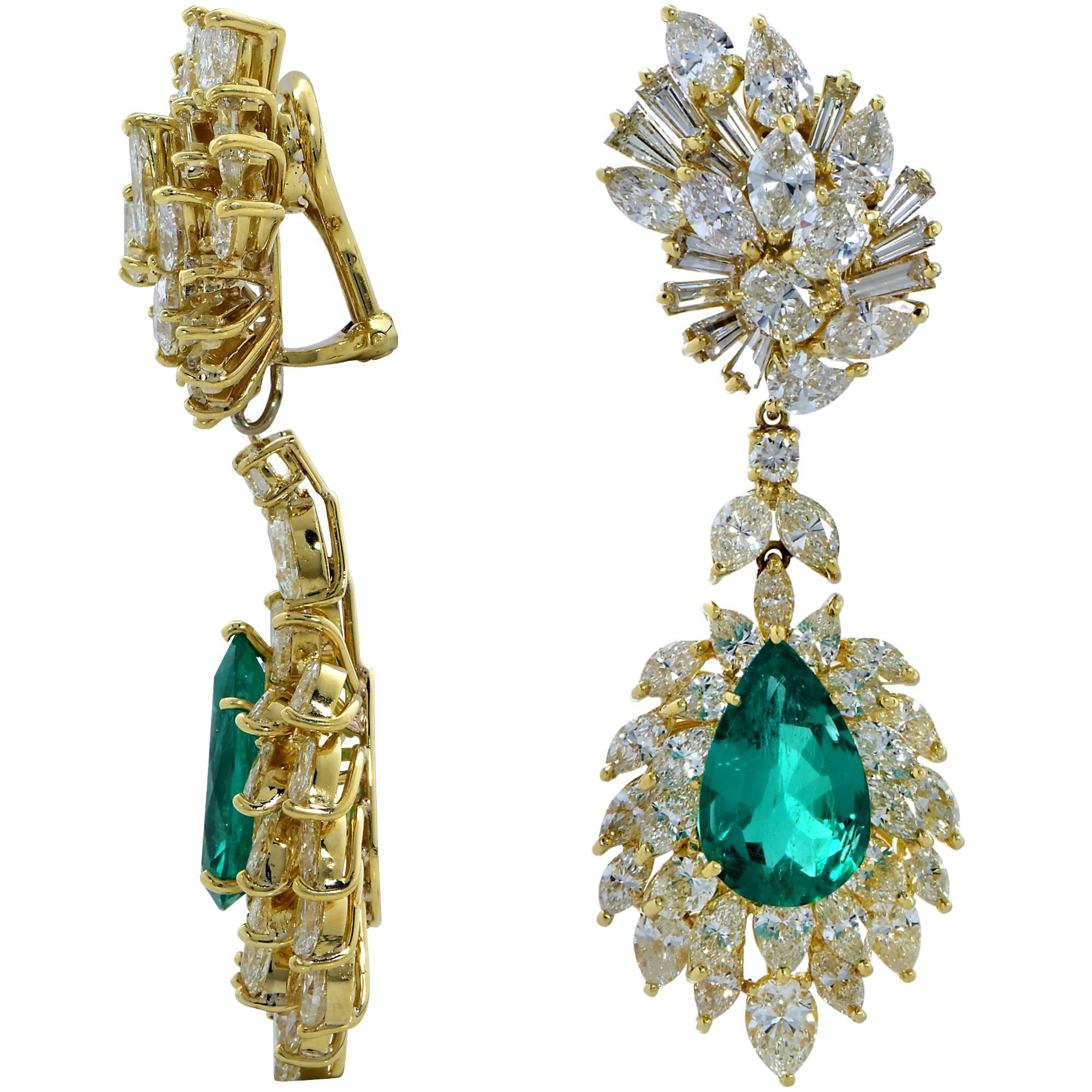 Pear Cut AGL Graded Colombian Emerald and Diamond Earrings