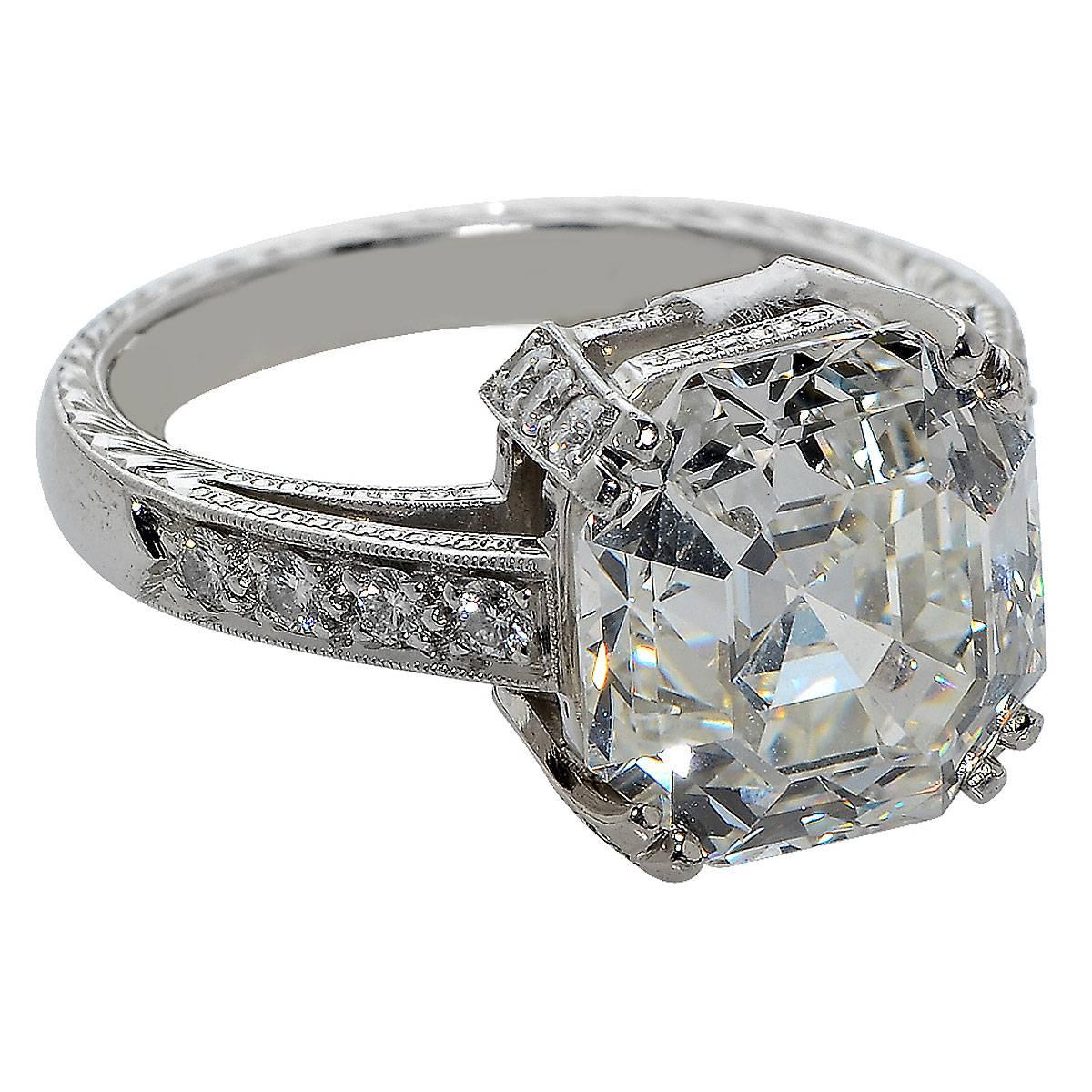 6.32 Carat GIA Certified Asscher Cut Diamond Platinum Engagement Ring In New Condition In Miami, FL