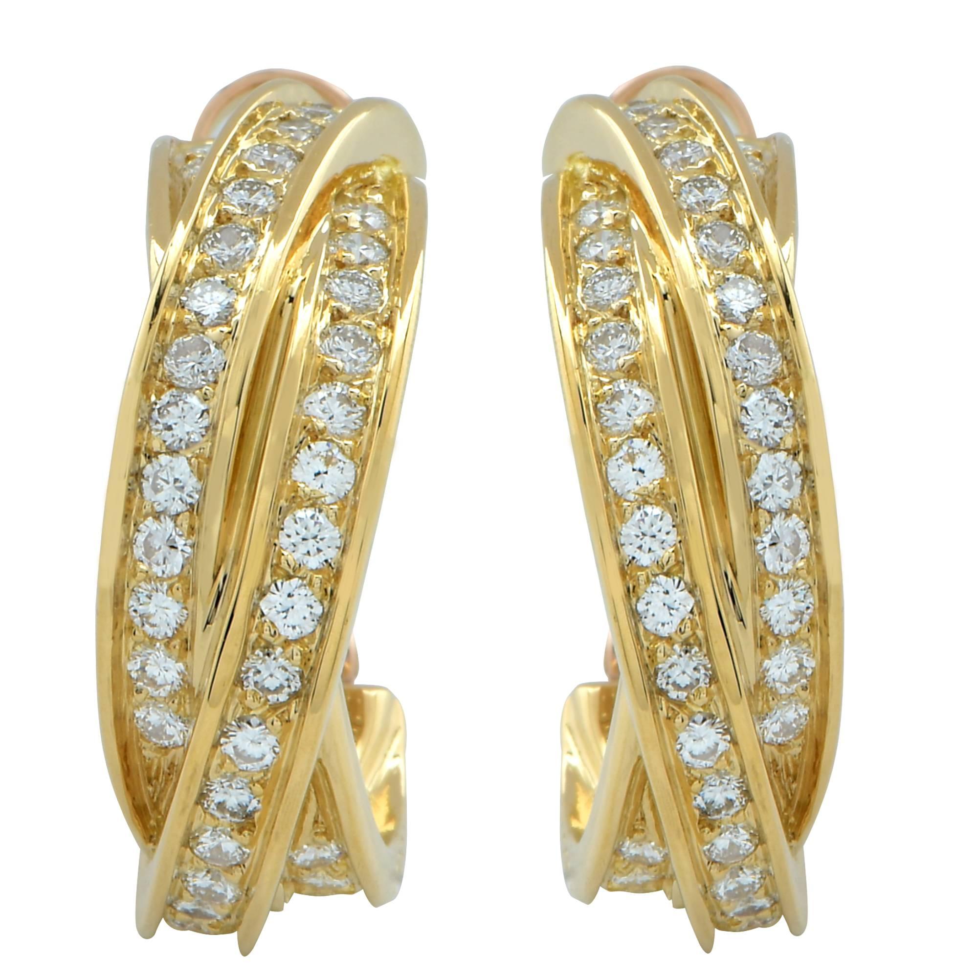Cartier 18 Karat Yellow Gold Diamond Trinity Hoop Earrings