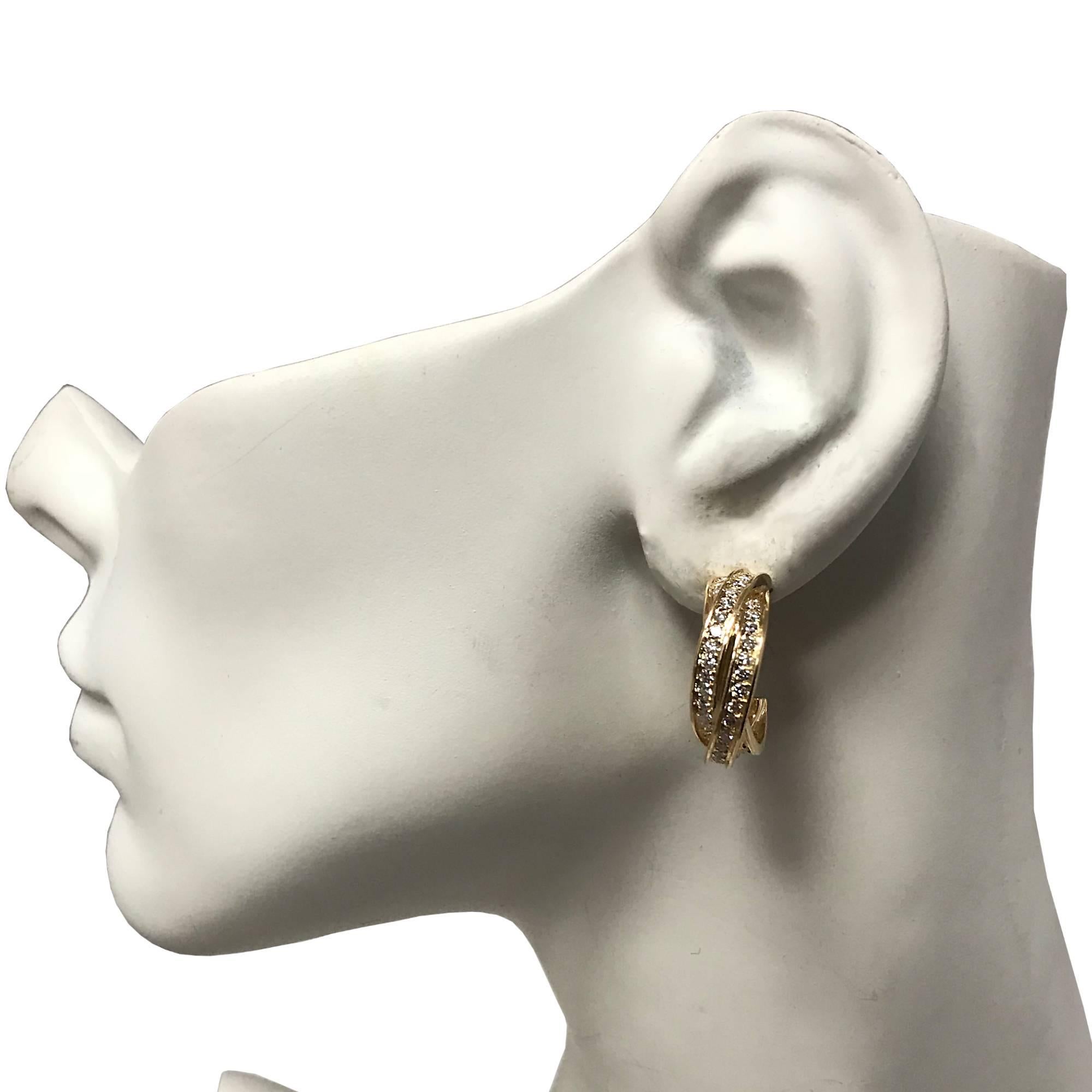 Modern Cartier 18 Karat Yellow Gold Diamond Trinity Hoop Earrings