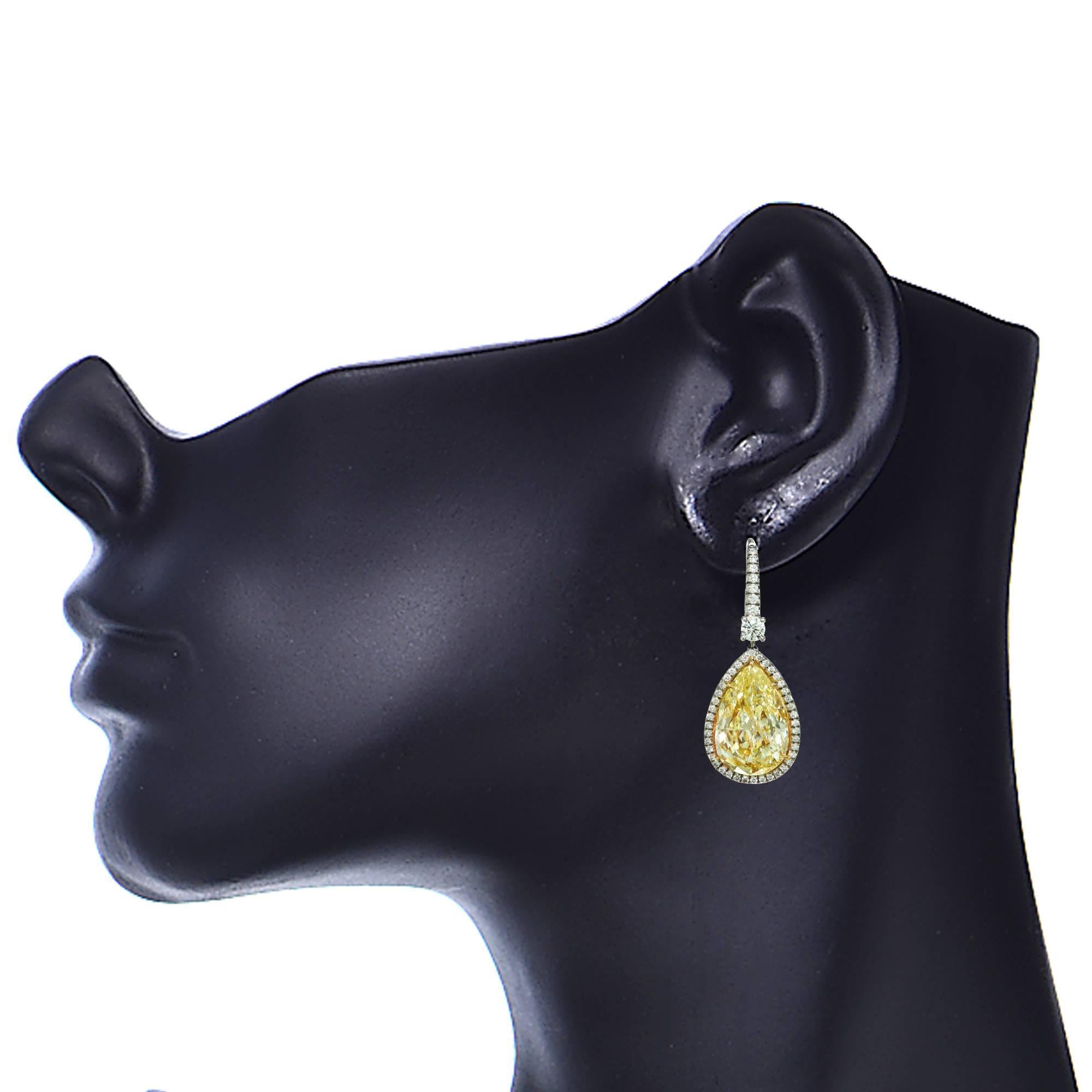 14.49 Carat Fancy Light Yellow Diamond Drop Earrings In New Condition In Miami, FL