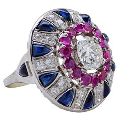 Impressive Platinum Deco Diamond, Ruby & Sapphire Ring