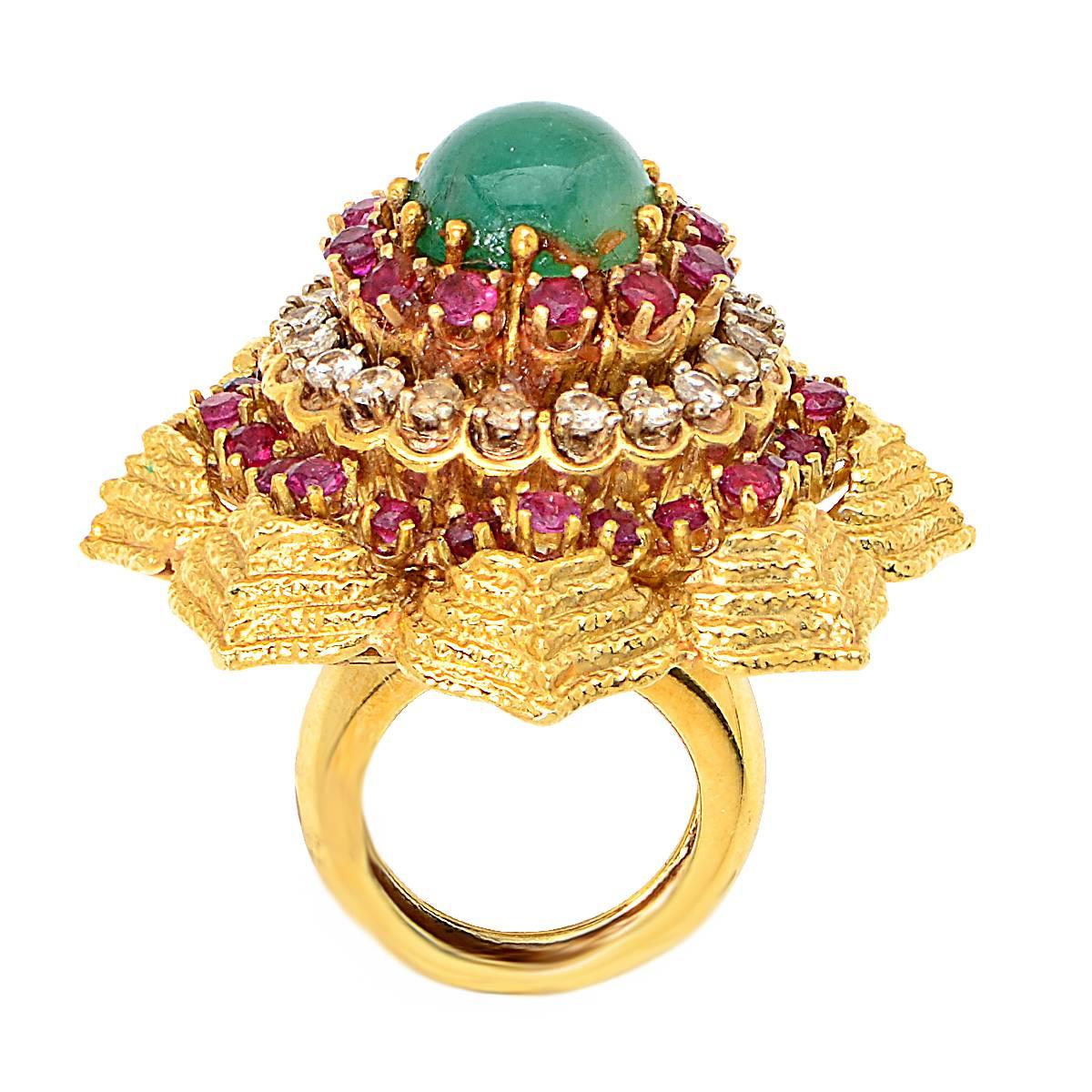 Emerald Ruby Diamond Gold Ring In Excellent Condition In Miami, FL