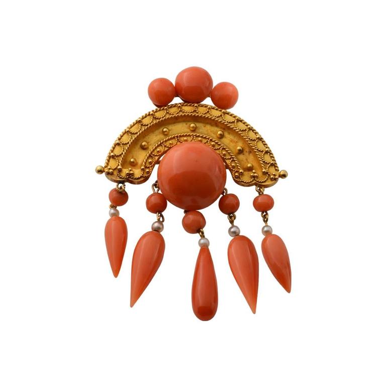 Circa 1880s 20k Yellow Gold Antique Etruscan Revival Coral Set at 1stDibs