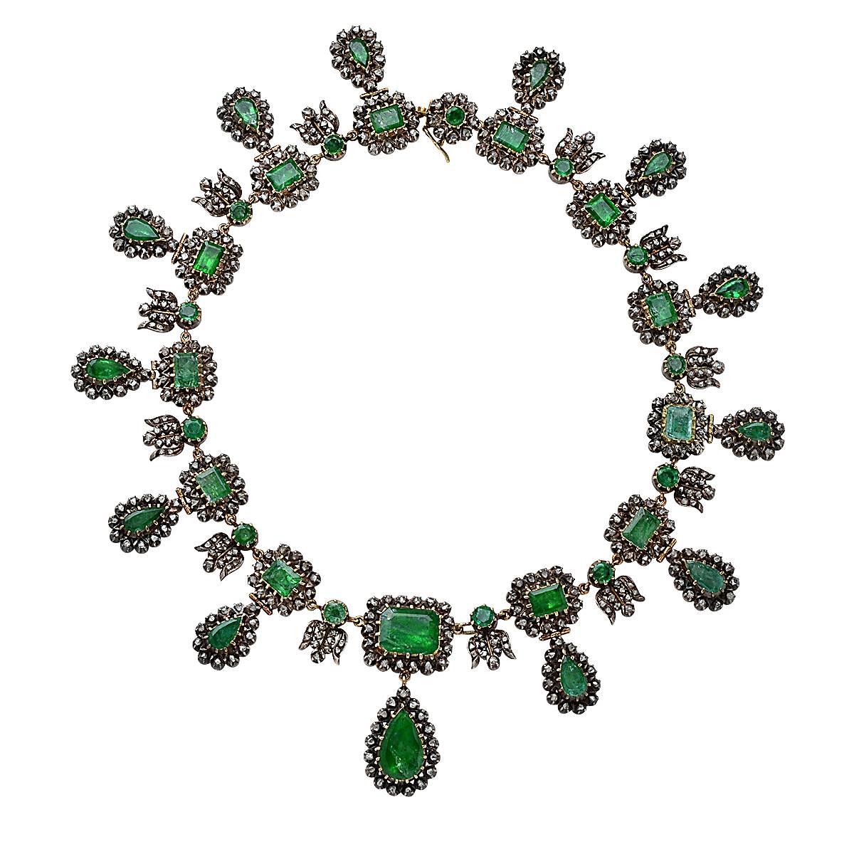 Victorian Necklace Containing 38 Mixed Cut Emeralds Approximately 55cts and 479 Diamonds Approximately 5cts - Silver over 18k Yellow Gold - French Hall Marks.