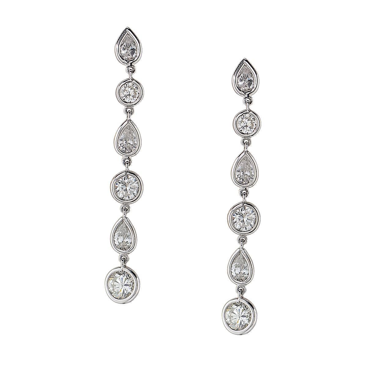 Round Diamond Ribbon Floral Motif Dangling 2.61 Carat Platinum Earrings ...