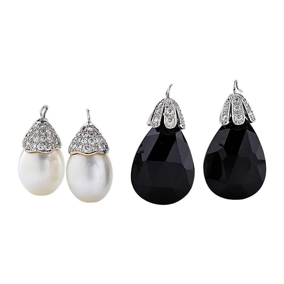 Women's Pearl Onyx Diamond Gold Drop Earrings