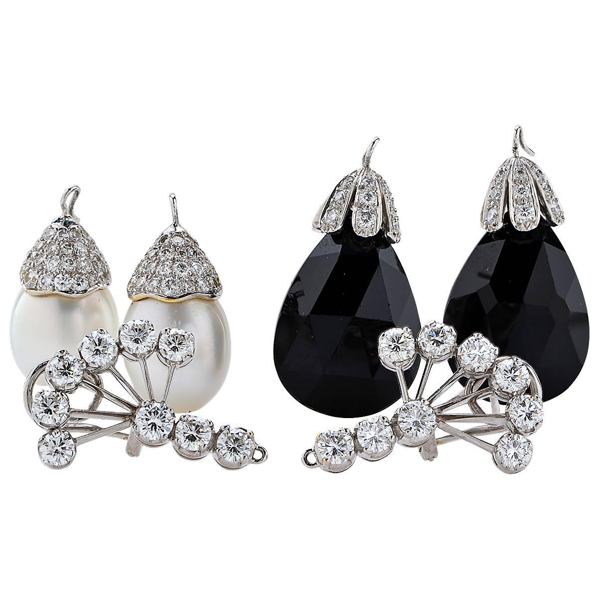 Pearl Onyx Diamond Gold Drop Earrings In New Condition In Miami, FL