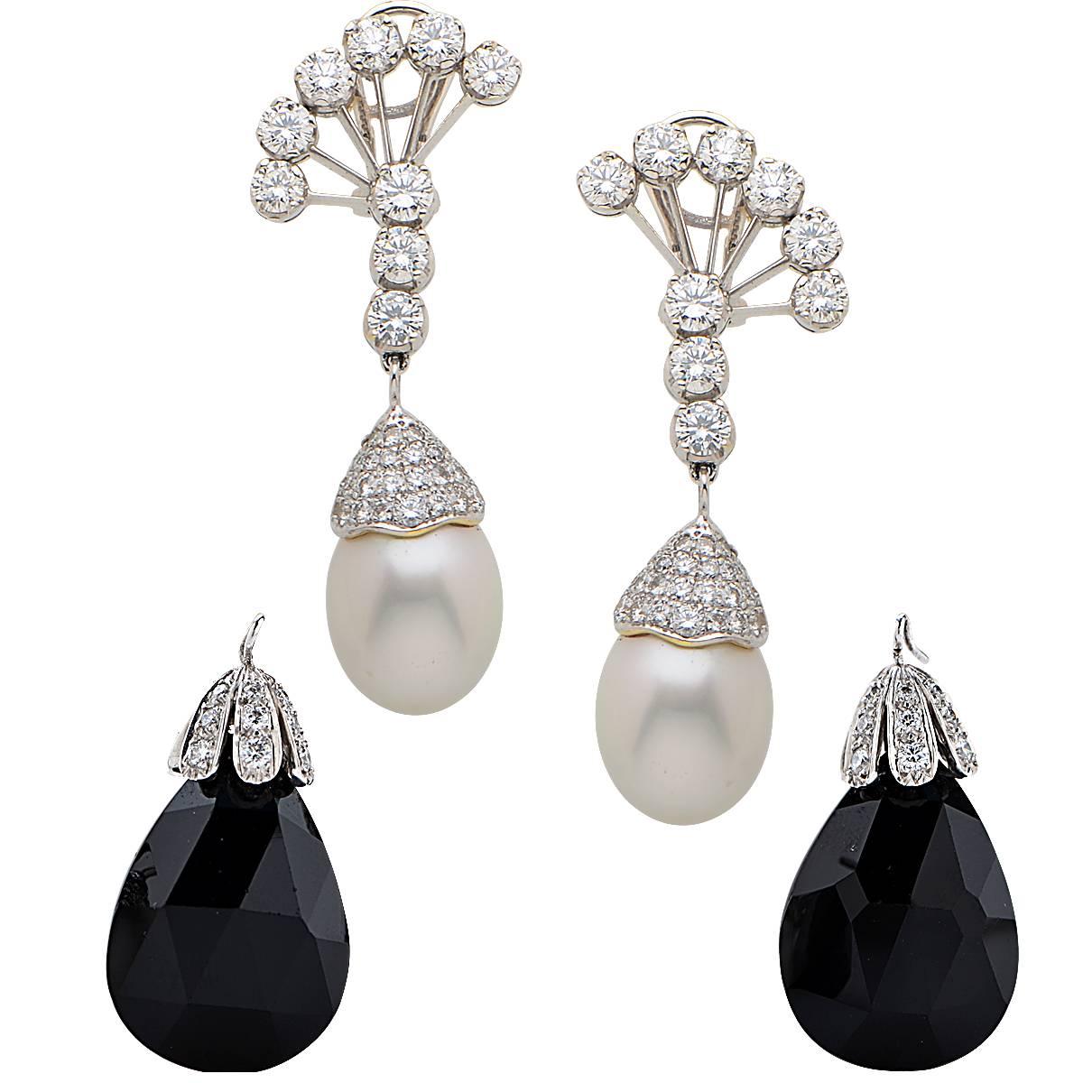 18 Karat White Gold Diamond Onyx and Pearl Drop Earring Set with 18 Round Brilliant Cut Diamonds with an Estimated Total Weight of 4.5cts and Interchangeable Drops Consisting of Onyx and South Sea Pearls Accented with 132 Round Brilliant Cut