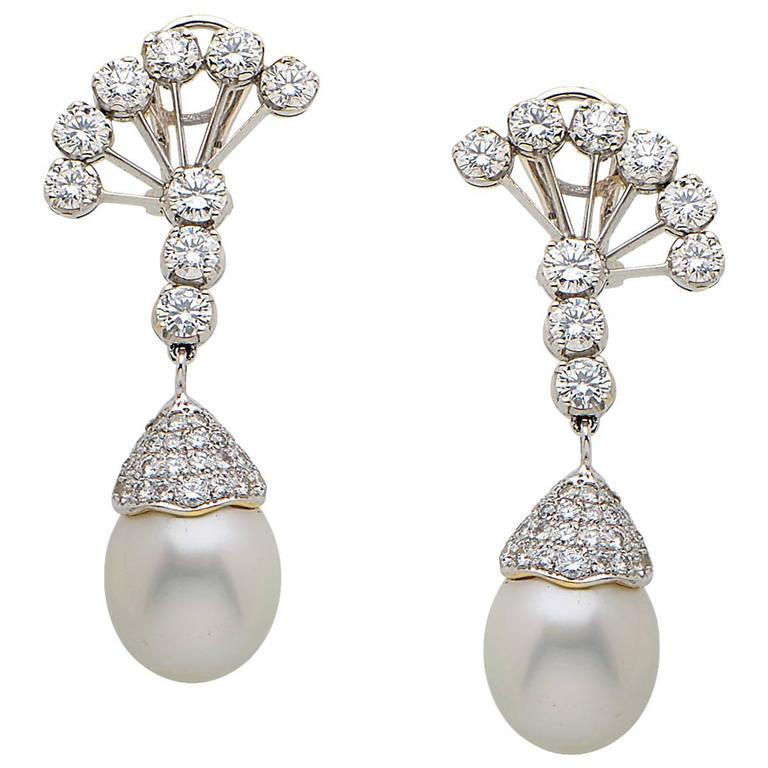 Pearl Onyx Diamond Gold Drop Earrings at 1stDibs