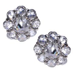 Rose Cut Diamond Platinum Cluster Earrings 3