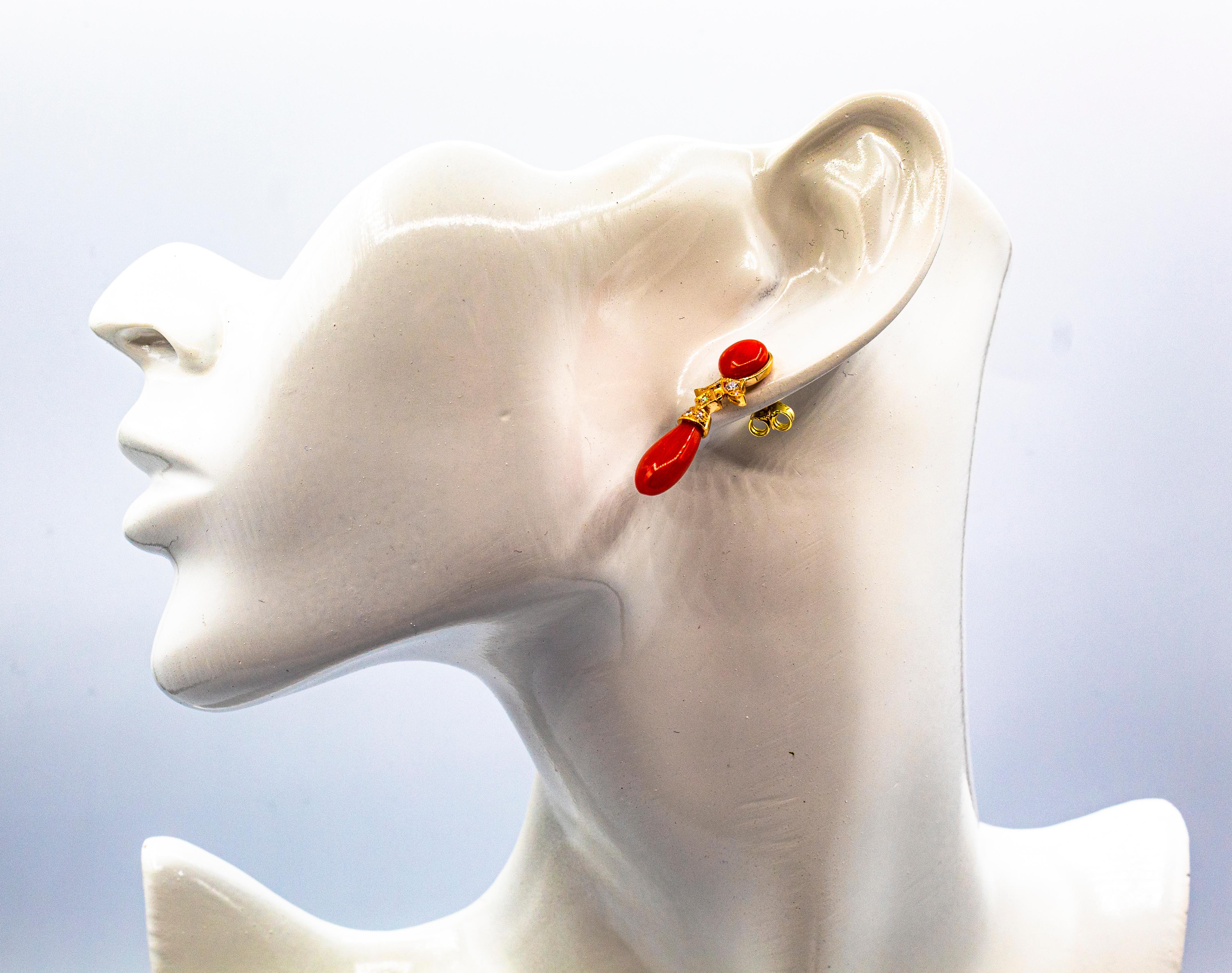 Clous d'oreilles en or jaune de style Art déco avec corail rouge méditerranéen et diamants blancs en vente 6