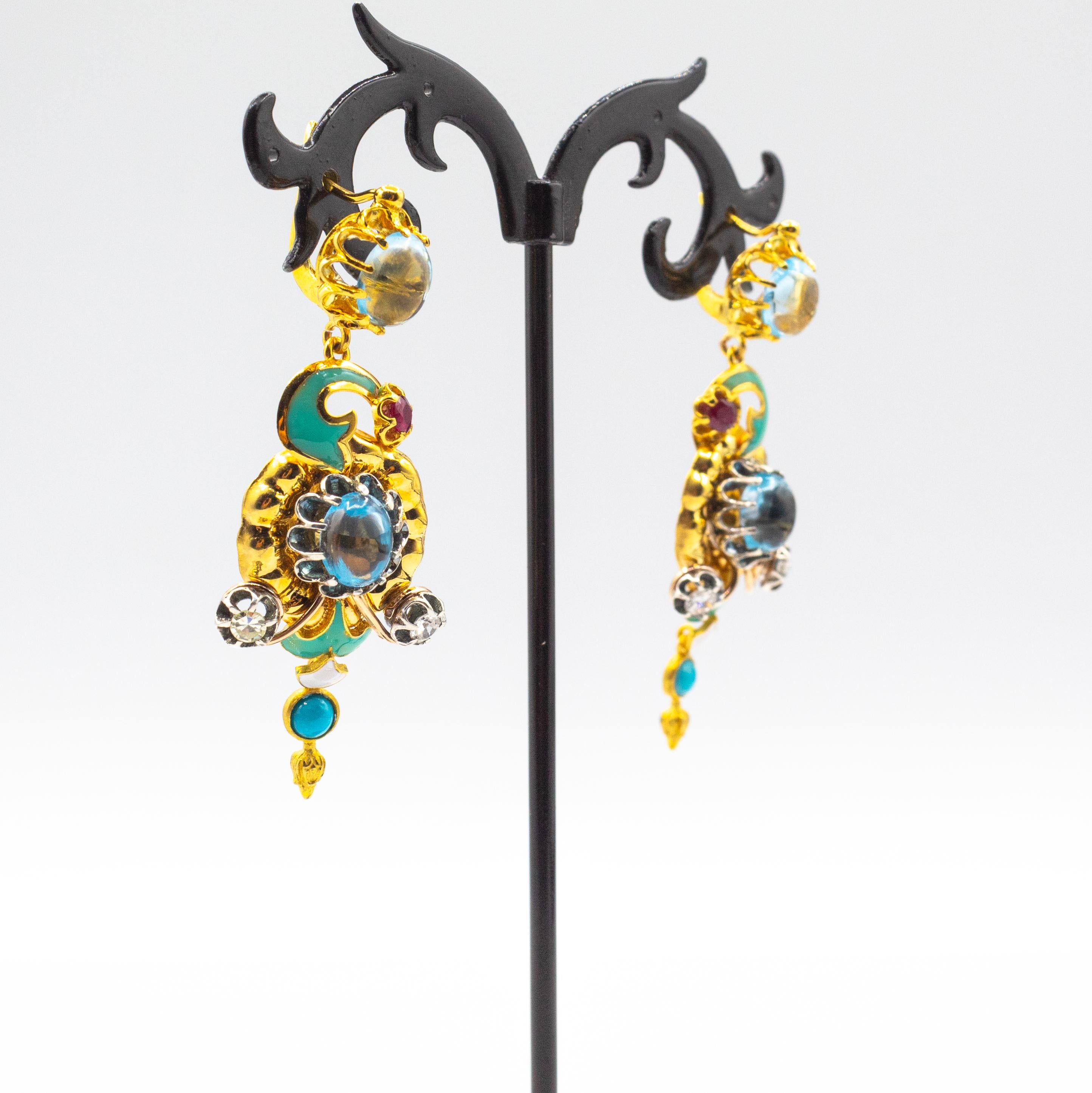 Taille rose Art Nouveau Boucles d'oreilles fleurs en or jaune diamant blanc turquoise rubis topaze bleue en vente