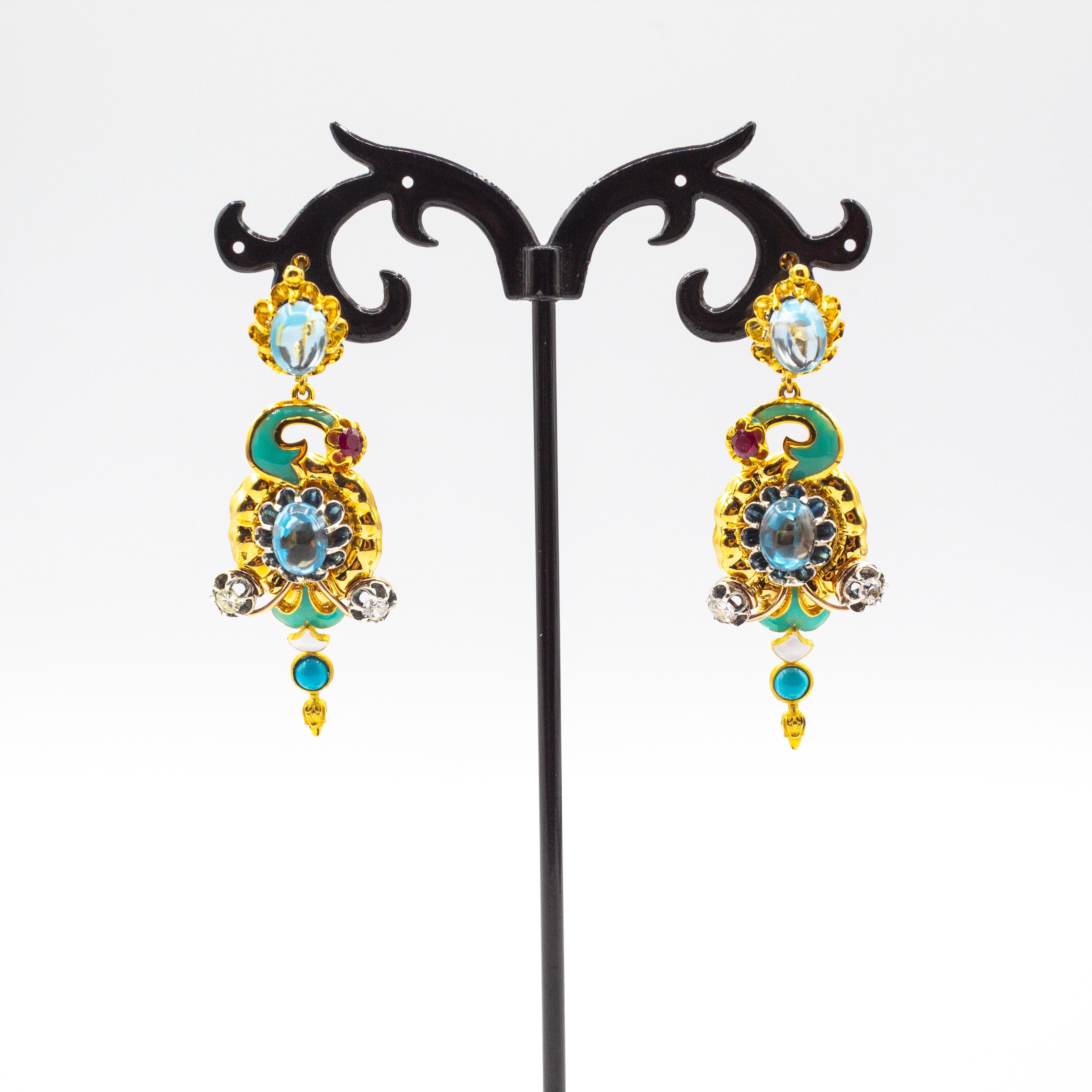 Art nouveau Art Nouveau Boucles d'oreilles fleurs en or jaune diamant blanc turquoise rubis topaze bleue en vente