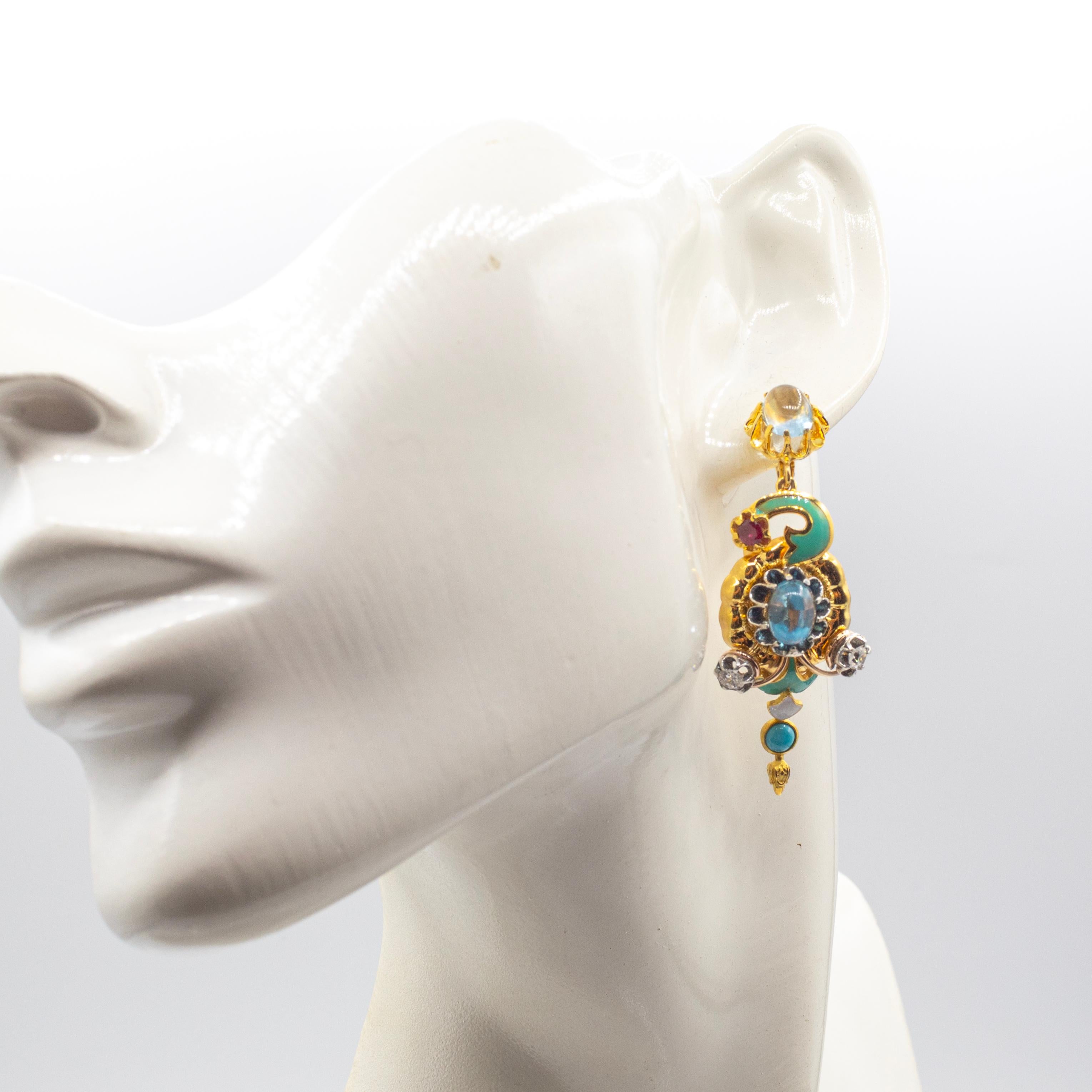 Art Nouveau Boucles d'oreilles fleurs en or jaune diamant blanc turquoise rubis topaze bleue en vente 1