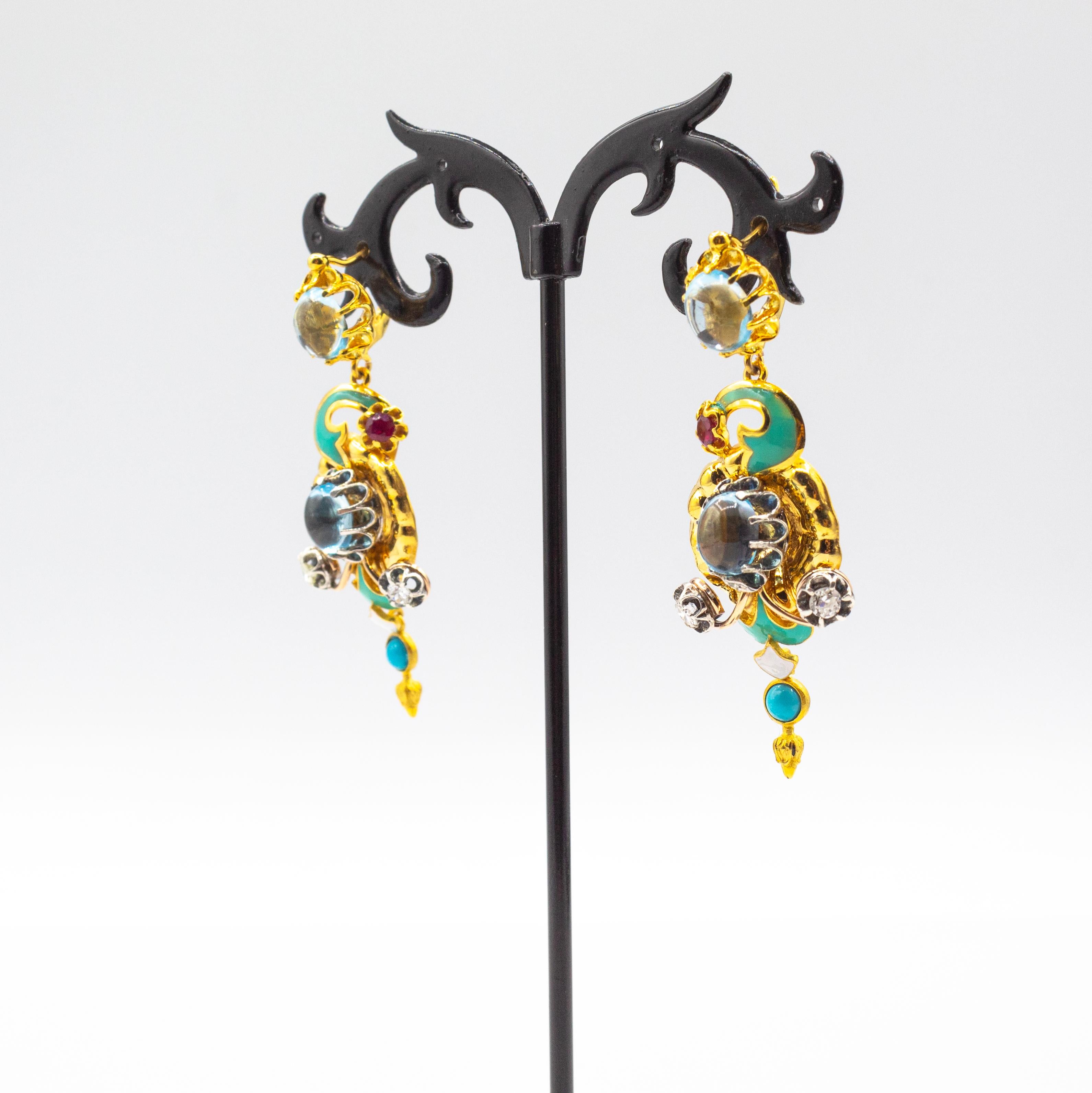 Art Nouveau Boucles d'oreilles fleurs en or jaune diamant blanc turquoise rubis topaze bleue Unisexe en vente