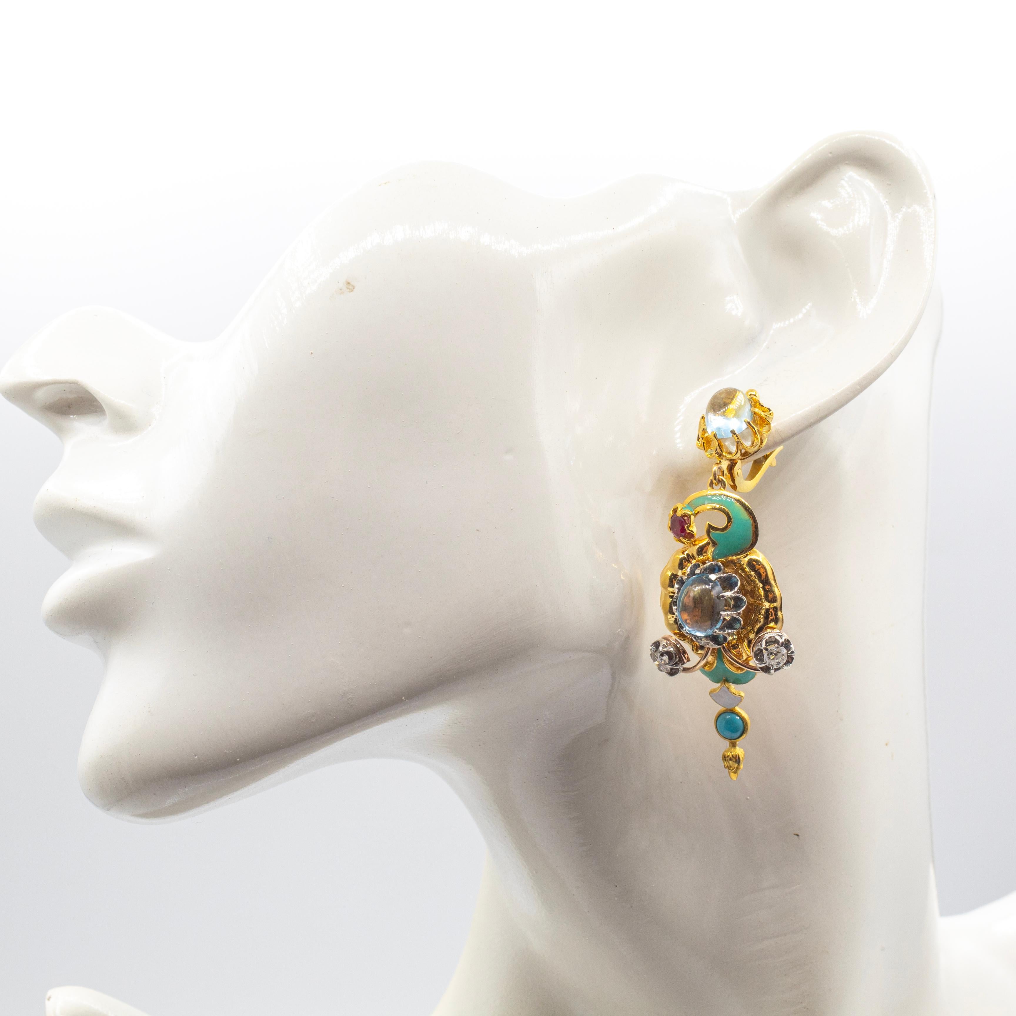 Art Nouveau Boucles d'oreilles fleurs en or jaune diamant blanc turquoise rubis topaze bleue en vente 2