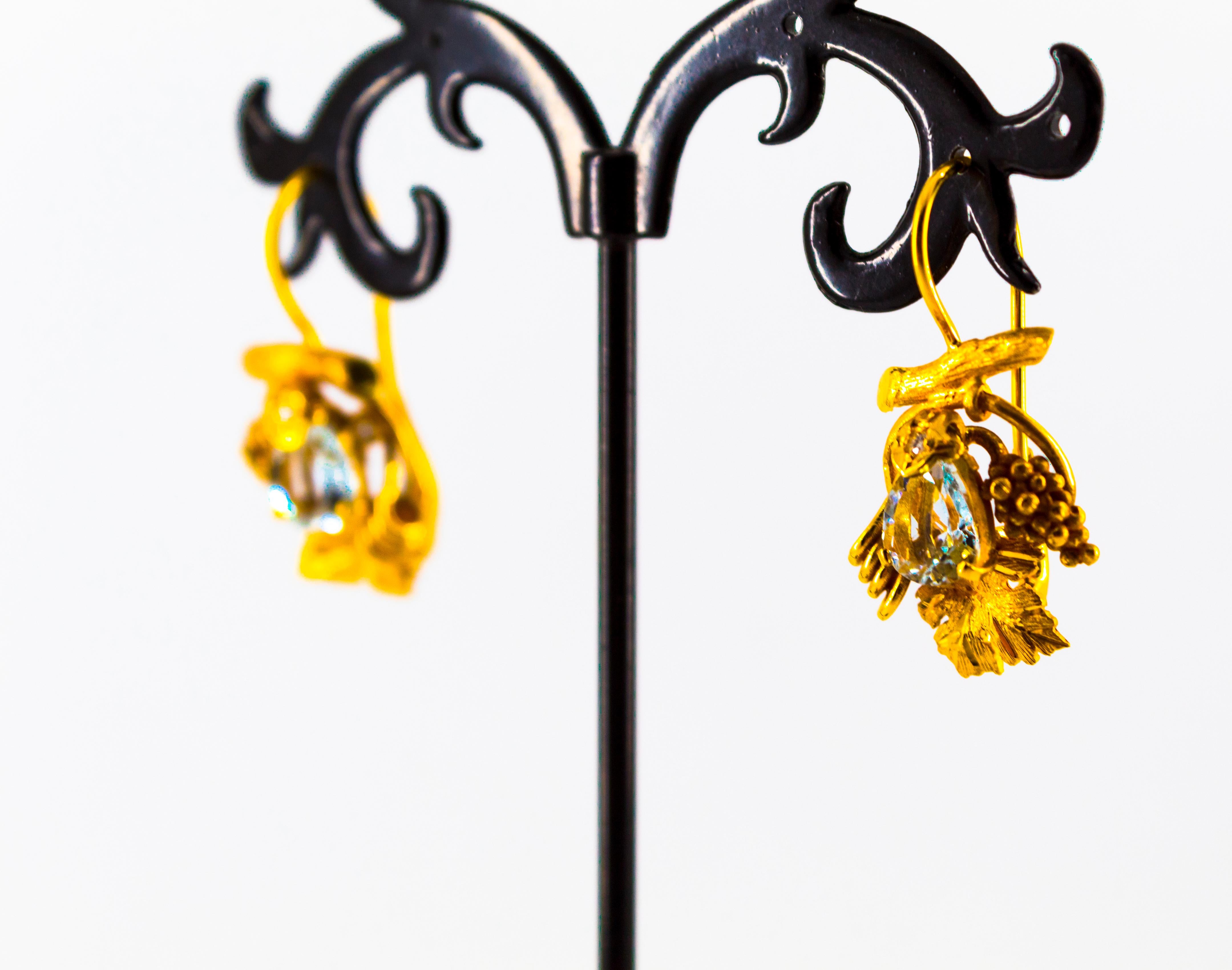 Orecchini a leva in oro giallo con diamante bianco e acquamarina in stile Art Nouveau in vendita 5