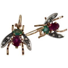 Art Nouveau 3.0 Carat Ruby Emerald Flies Earrings