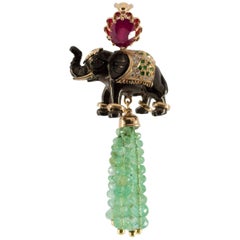 19.90 Carat Emerald 3.10 Carat Ruby Tsavorite Yellow Gold Elephant Pendant