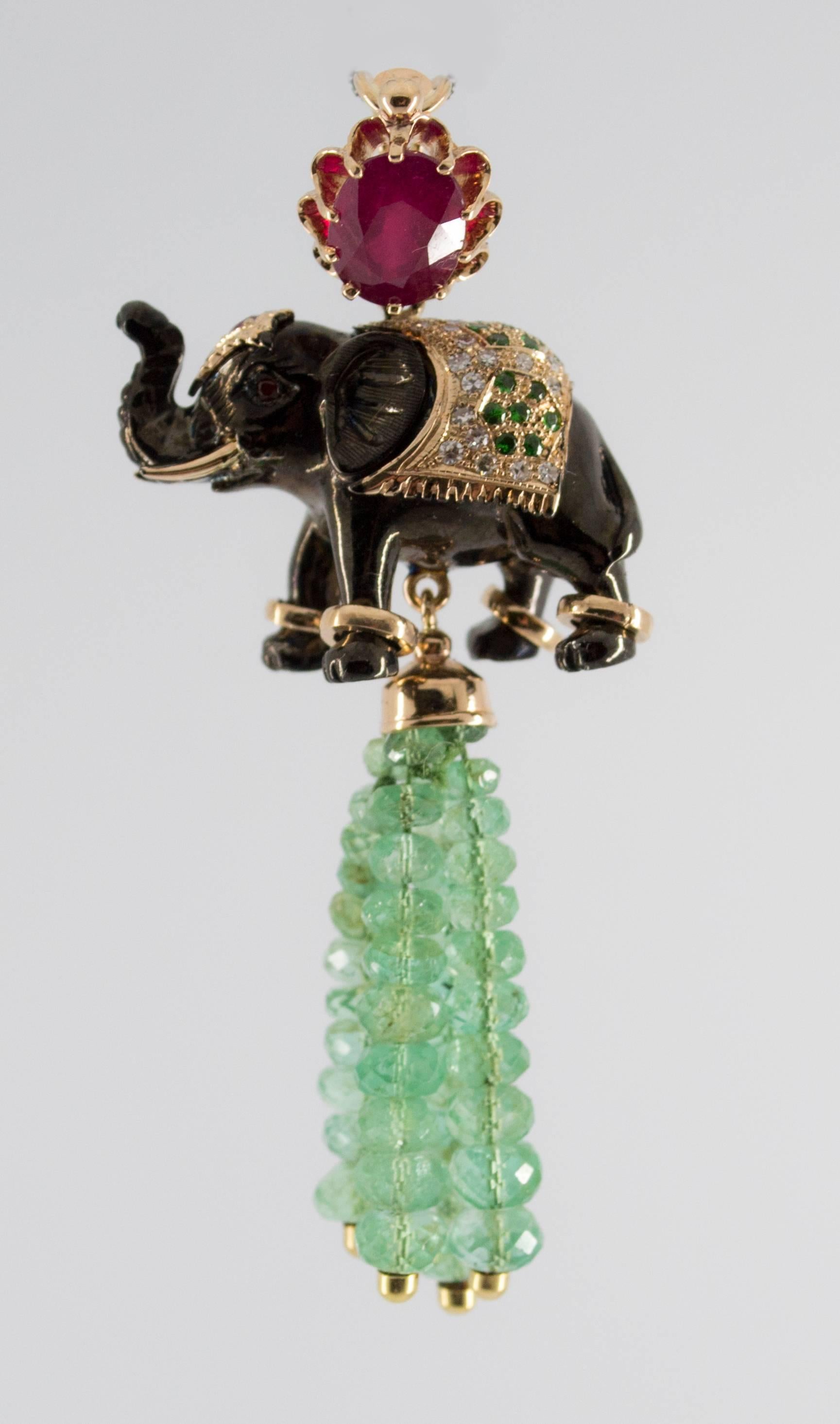 Renaissance 19.90 Carat Emerald 3.10 Carat Ruby Tsavorite Yellow Gold Elephant Pendant