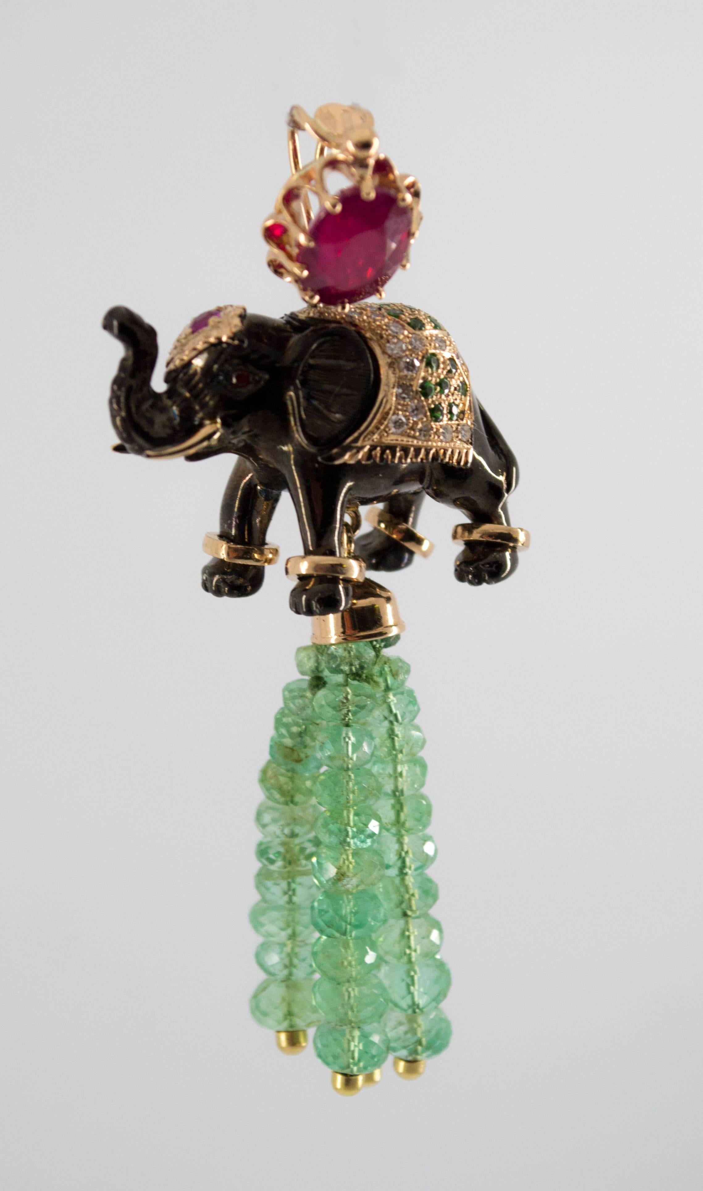 Women's or Men's 19.90 Carat Emerald 3.10 Carat Ruby Tsavorite Yellow Gold Elephant Pendant