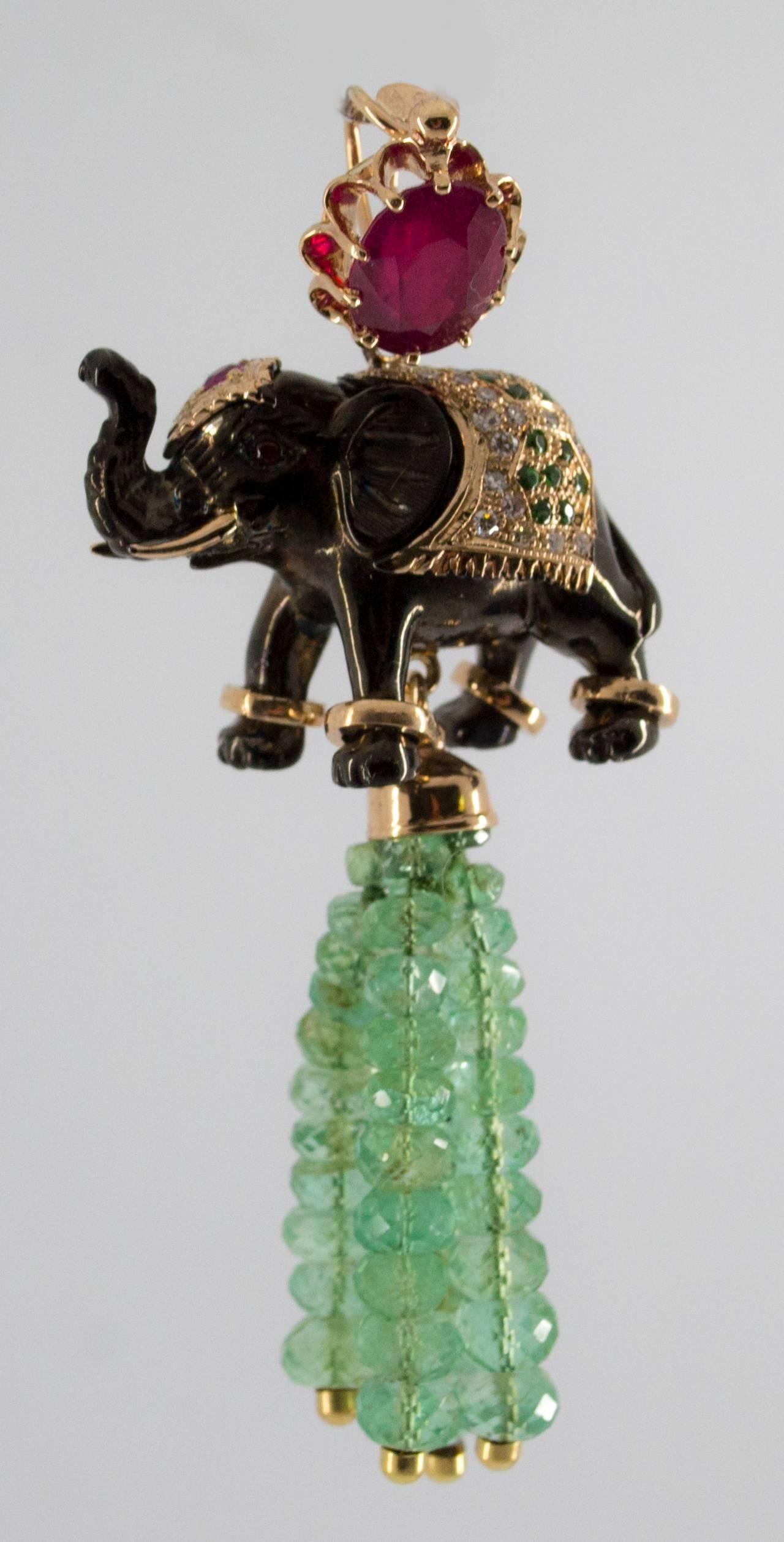 19.90 Carat Emerald 3.10 Carat Ruby Tsavorite Yellow Gold Elephant Pendant 1