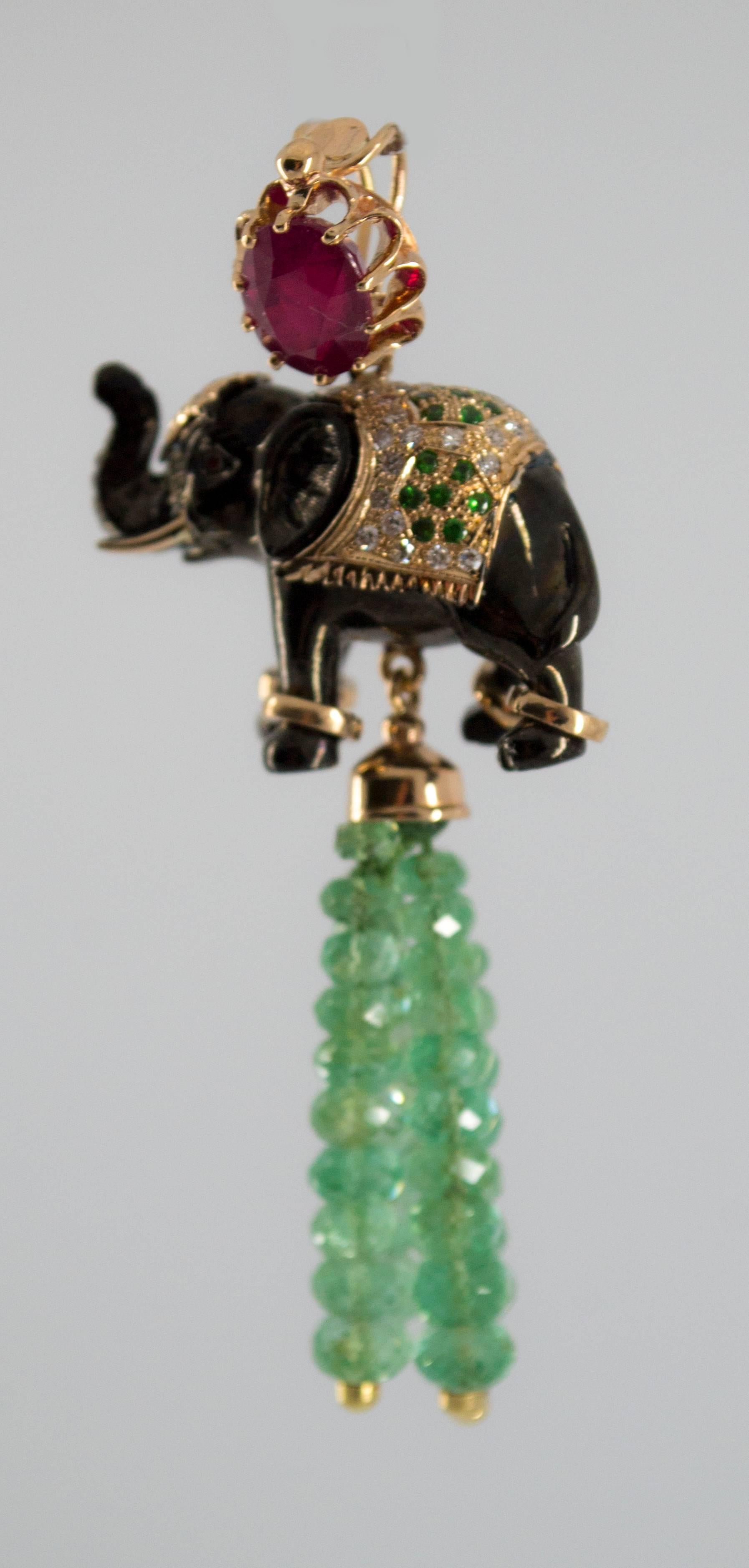 19.90 Carat Emerald 3.10 Carat Ruby Tsavorite Yellow Gold Elephant Pendant 2