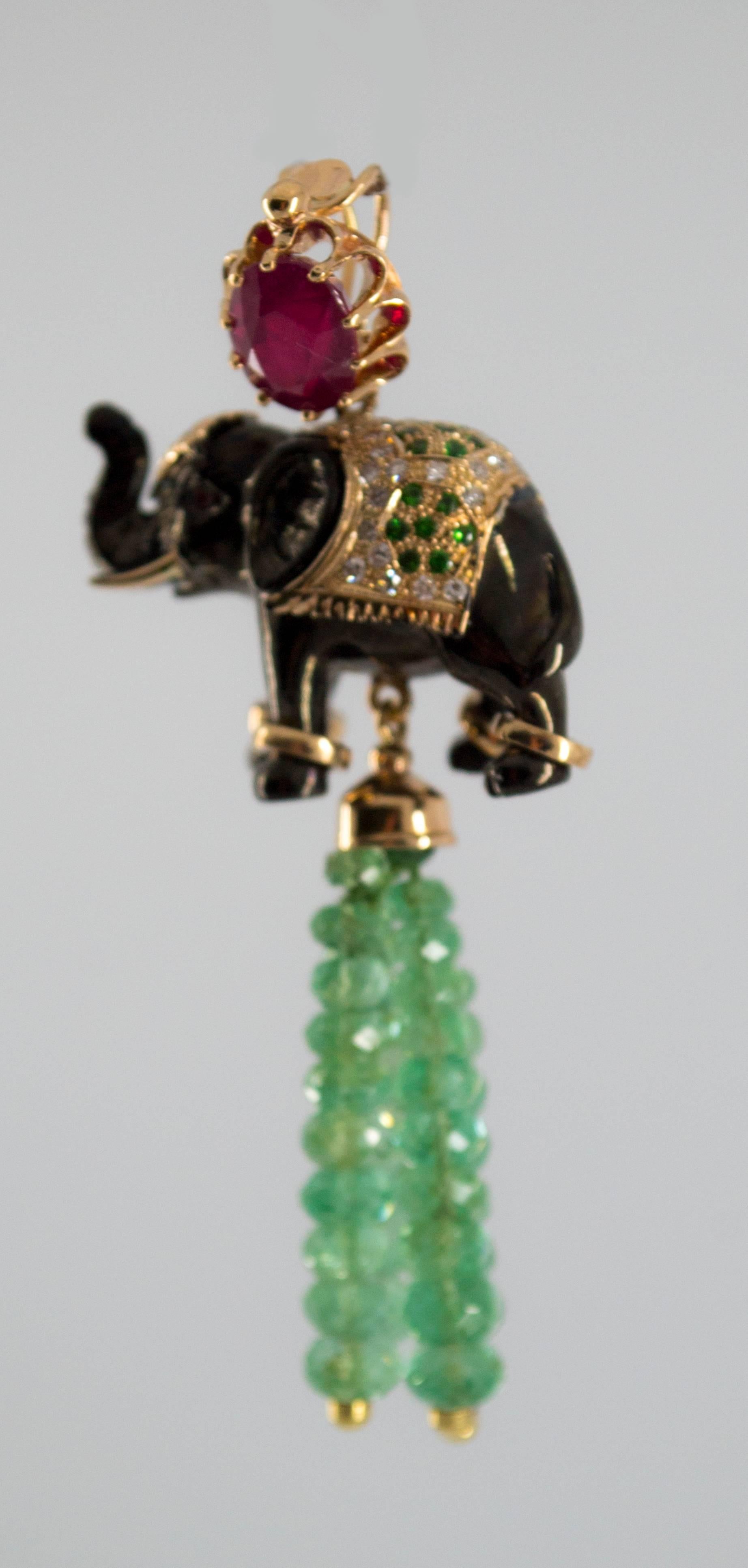 19.90 Carat Emerald 3.10 Carat Ruby Tsavorite Yellow Gold Elephant Pendant 3