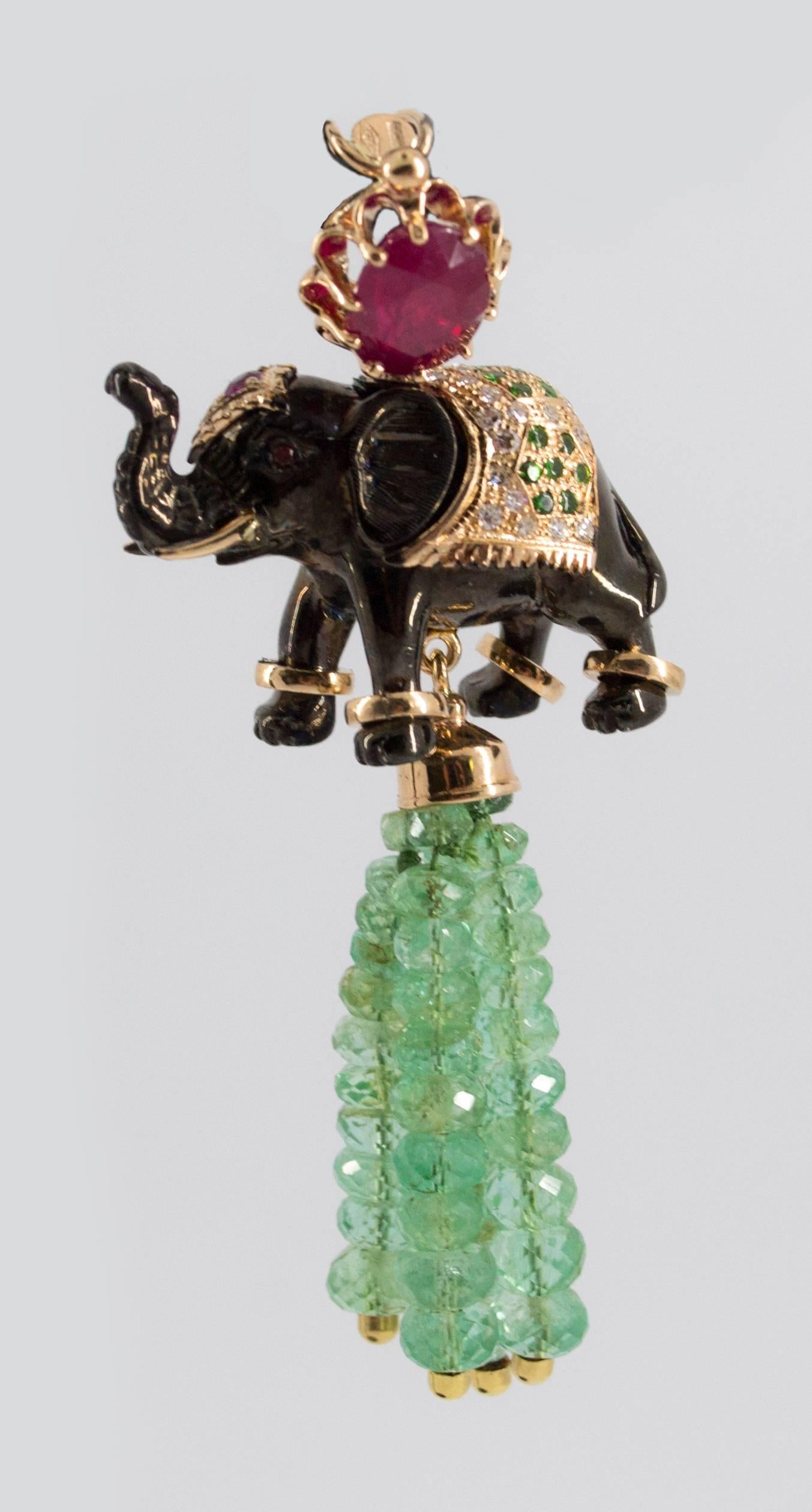 19.90 Carat Emerald 3.10 Carat Ruby Tsavorite Yellow Gold Elephant Pendant 7