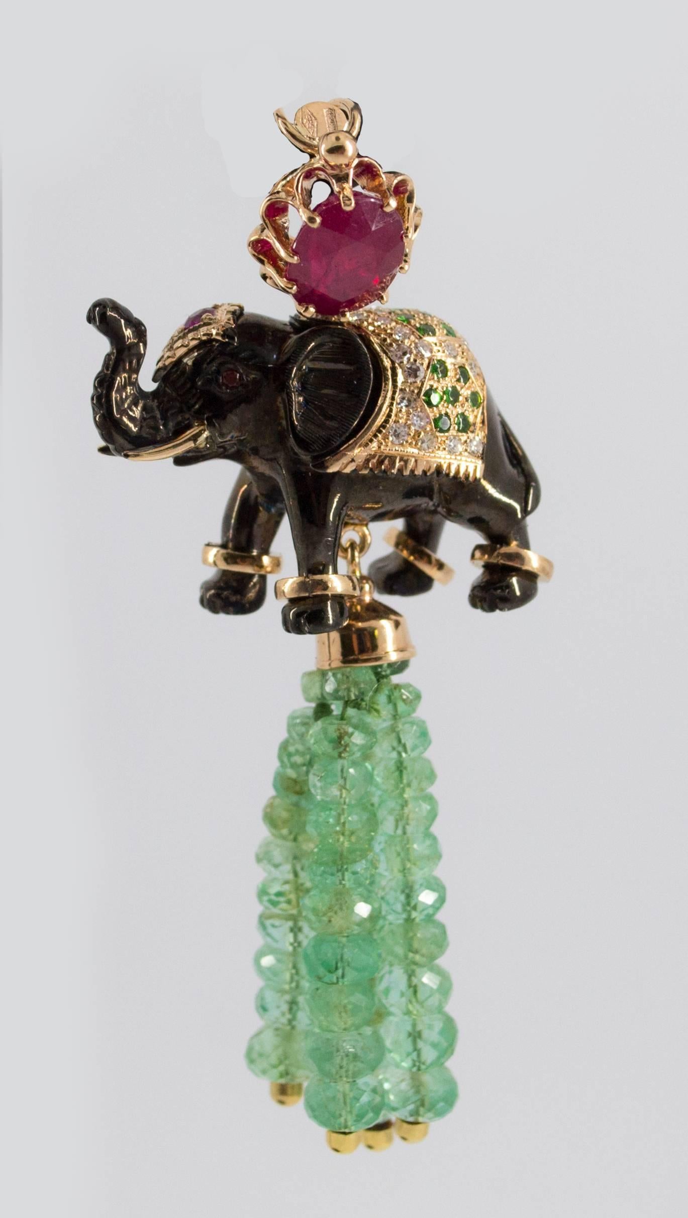 19.90 Carat Emerald 3.10 Carat Ruby Tsavorite Yellow Gold Elephant Pendant 8