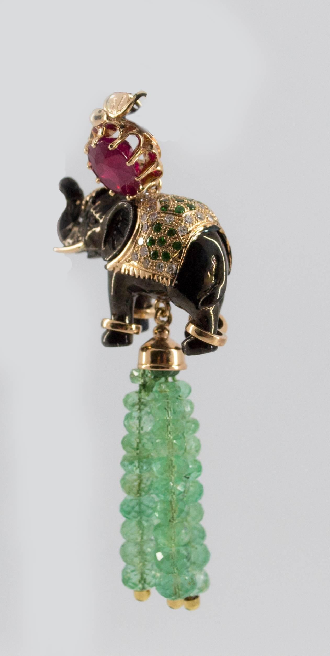 19.90 Carat Emerald 3.10 Carat Ruby Tsavorite Yellow Gold Elephant Pendant 9