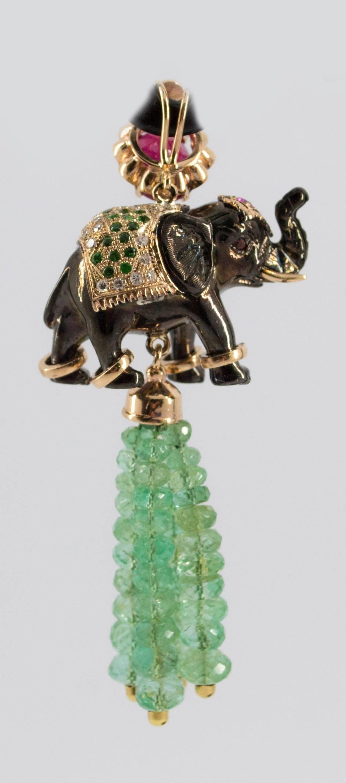19.90 Carat Emerald 3.10 Carat Ruby Tsavorite Yellow Gold Elephant Pendant 10