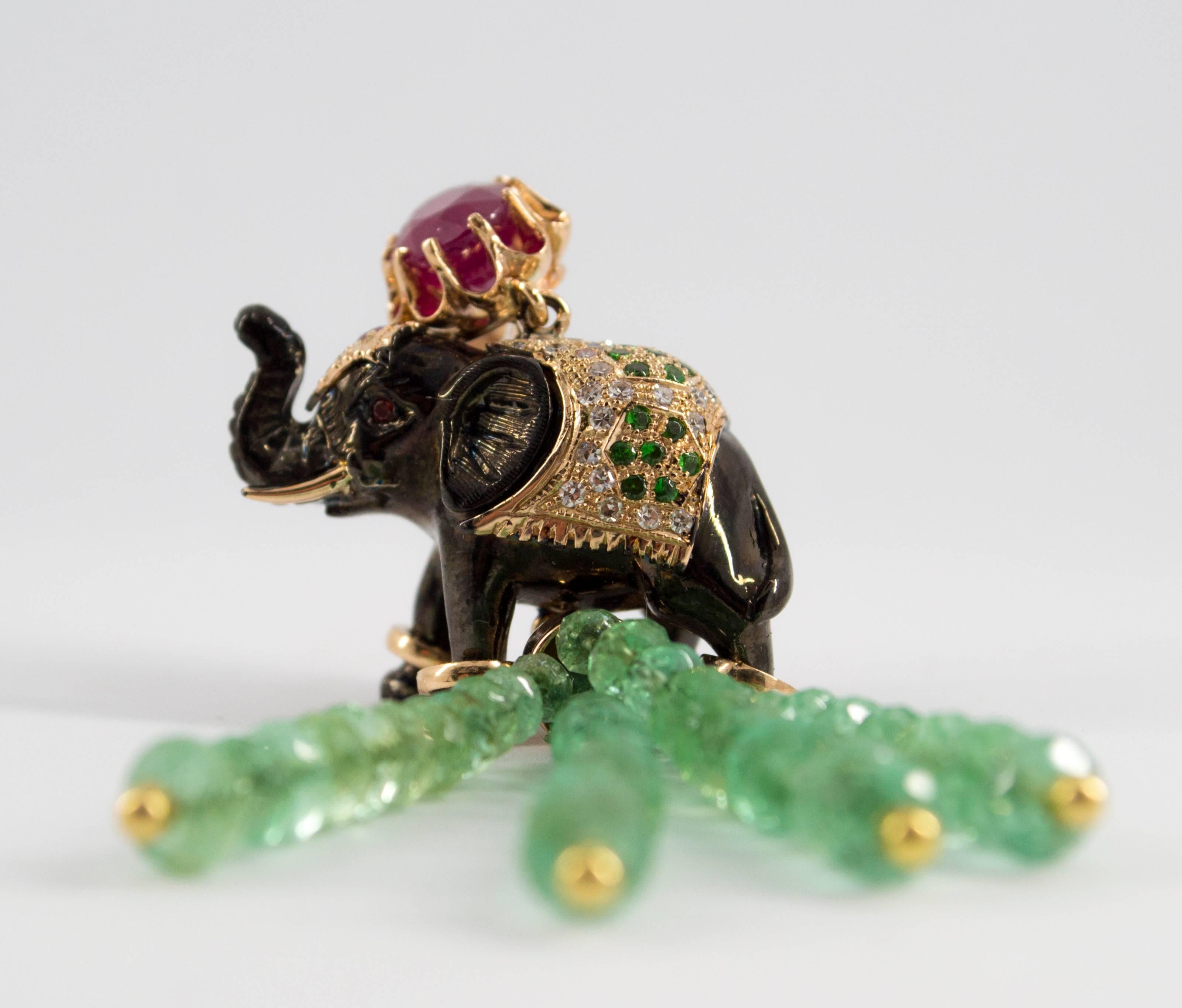 19.90 Carat Emerald 3.10 Carat Ruby Tsavorite Yellow Gold Elephant Pendant 11