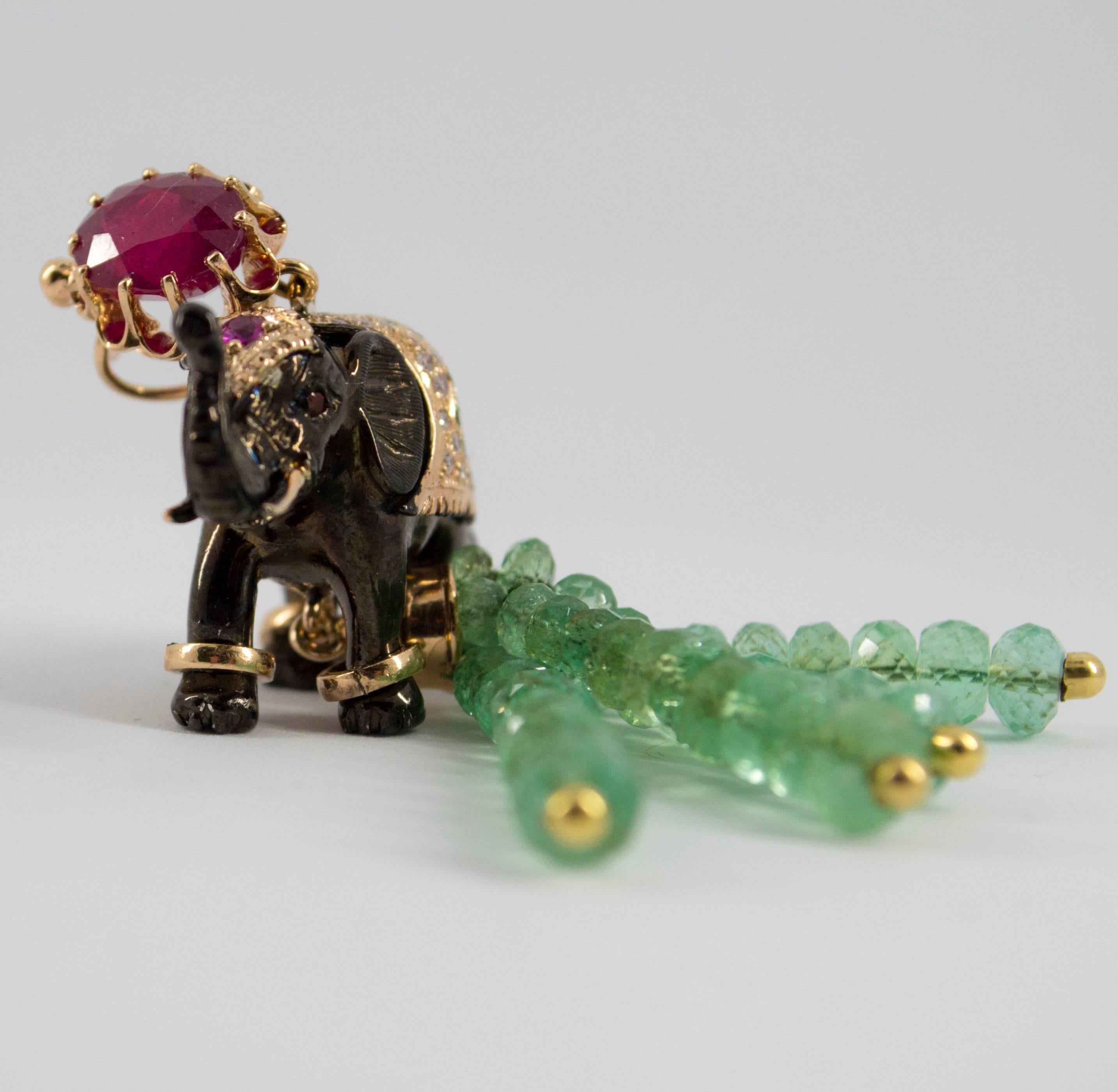 19.90 Carat Emerald 3.10 Carat Ruby Tsavorite Yellow Gold Elephant Pendant 12
