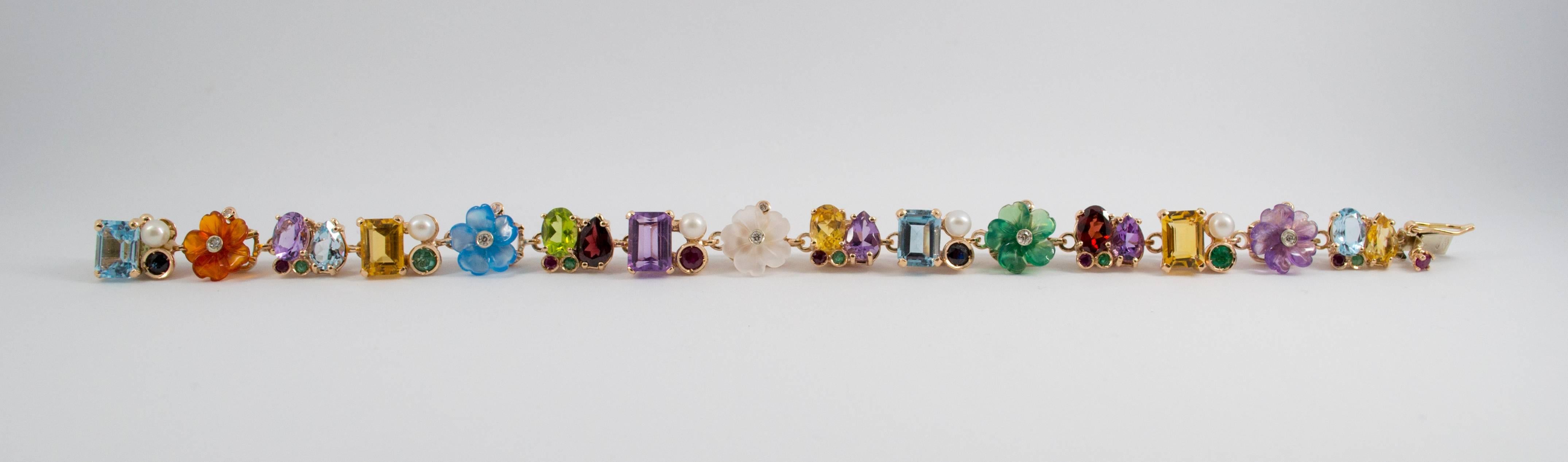 Art Nouveau Emerald Ruby Sapphire Pearl Diamond Yellow Gold Flowers Bracelet In New Condition In Naples, IT