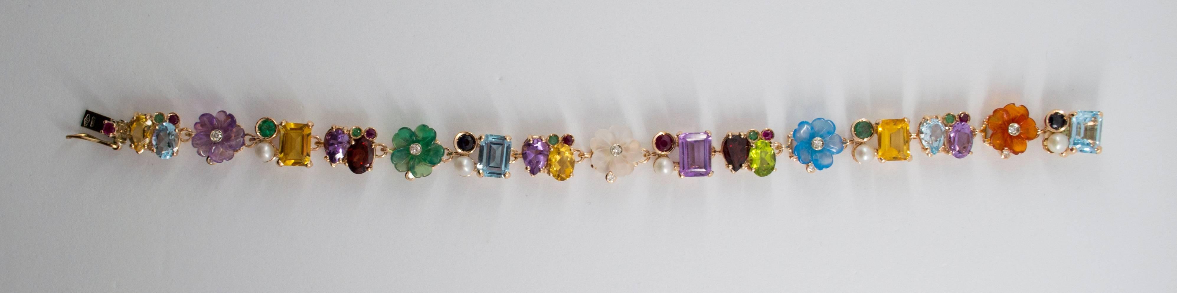 Women's or Men's Art Nouveau Emerald Ruby Sapphire Pearl Diamond Yellow Gold Flowers Bracelet