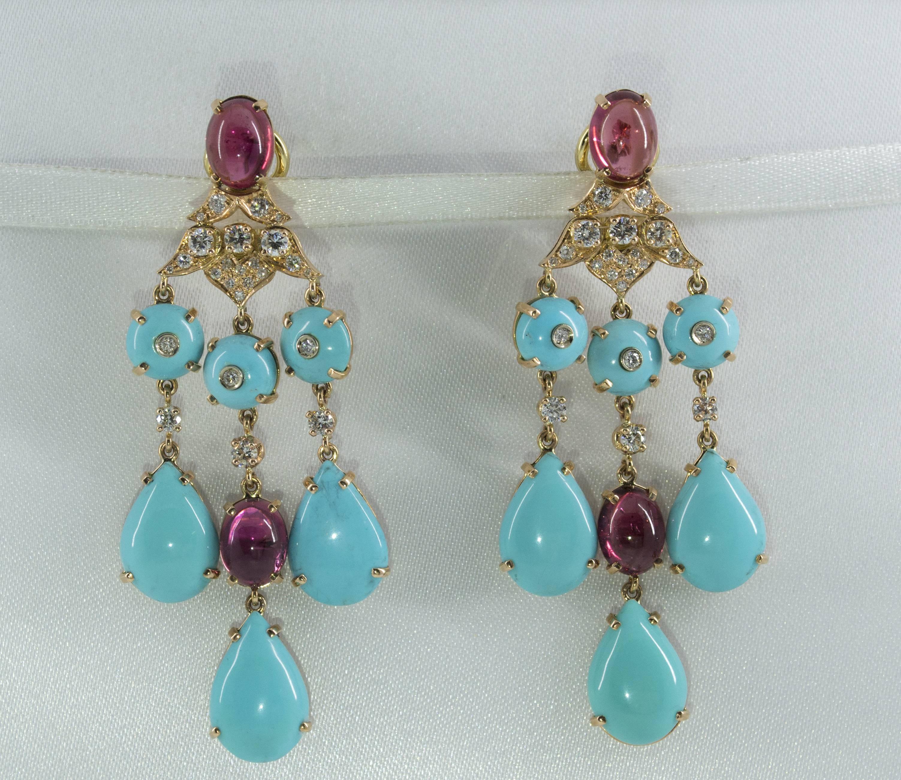 Renaissance Turquoise 8.80 Carat Tourmaline 1.50 Carat Diamond Yellow Gold Clip-On Earrings