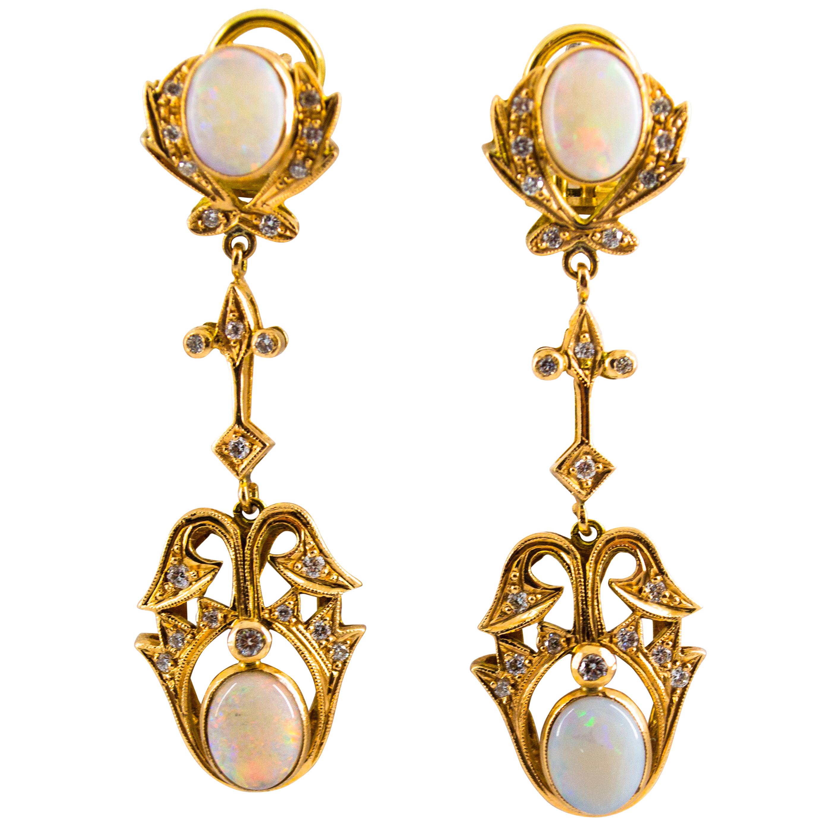 0.90 Carat White Diamond 3.90 Carat Opal Yellow Gold Clip-On Drop Earrings For Sale