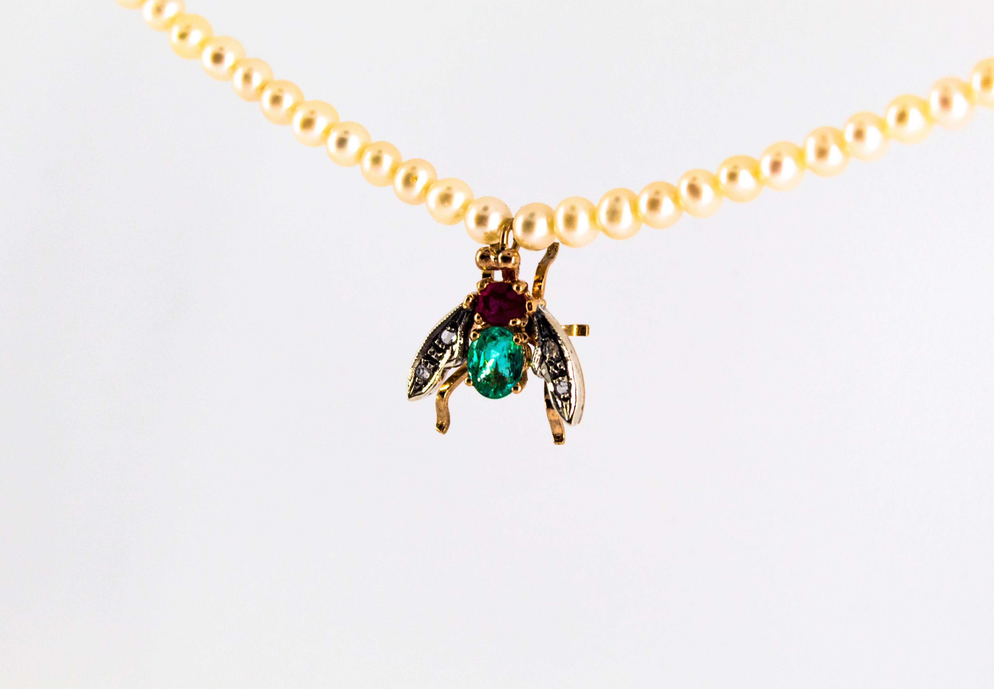 Women's or Men's 1.38 Carat Diamond Ruby Emerald Pearl Yellow Gold Fly Pendant Beaded Necklace