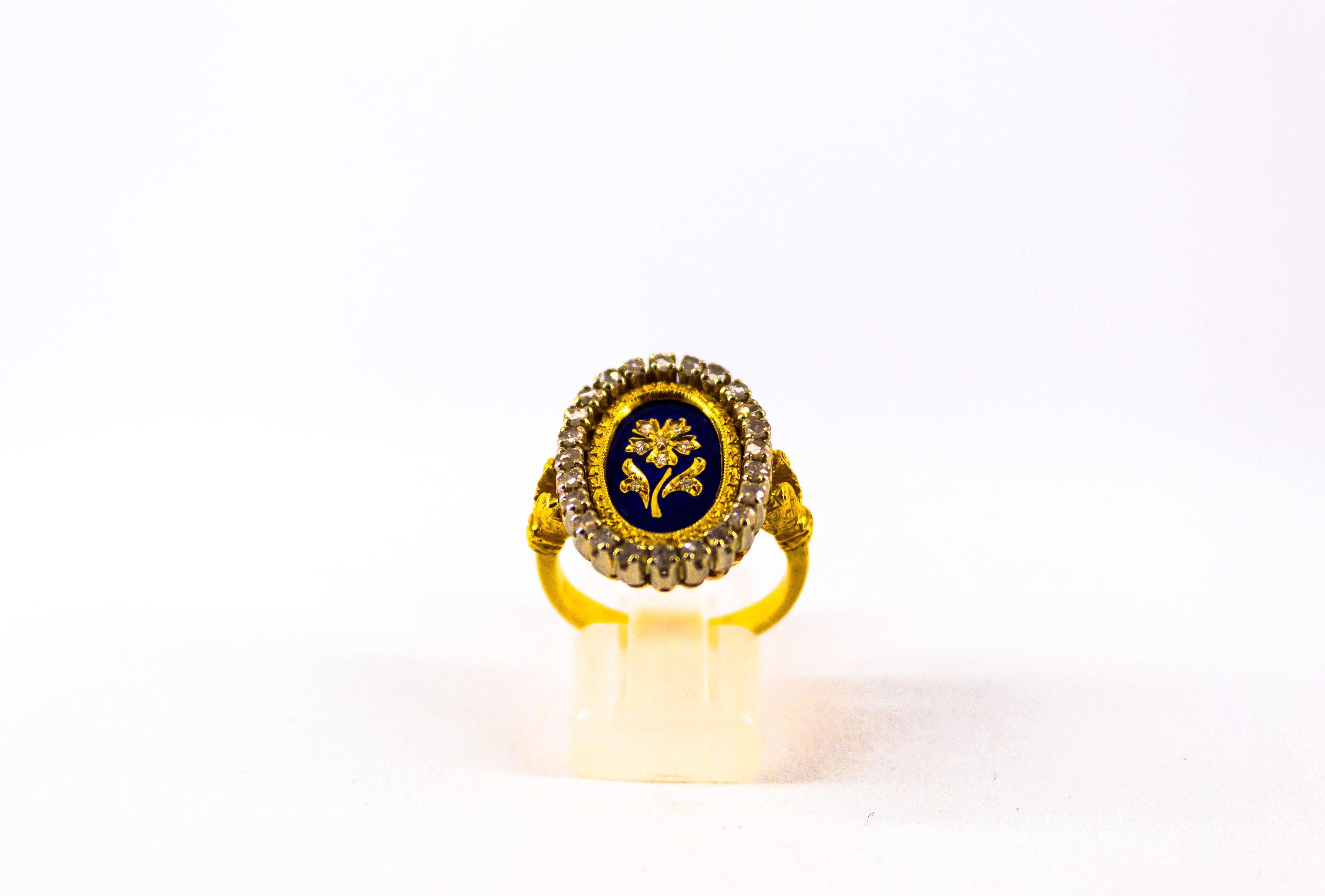 This Ring is made of 18K Yellow Gold.
This Ring has 0.80 Carats of White Diamonds.
This Ring has also Blue Enamel.
Size ITA: 15 USA: 7 1/4
This Ring is an antique Renaissance Style Ring from Florence, Italy. 
We're a workshop so every piece is